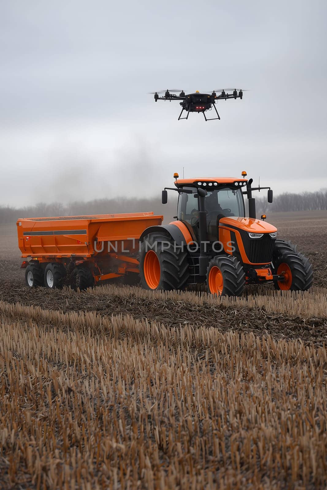 smart farming scene of drone flying above tractor in a field, showcasing technology precision agriculture and sustainable farming practices