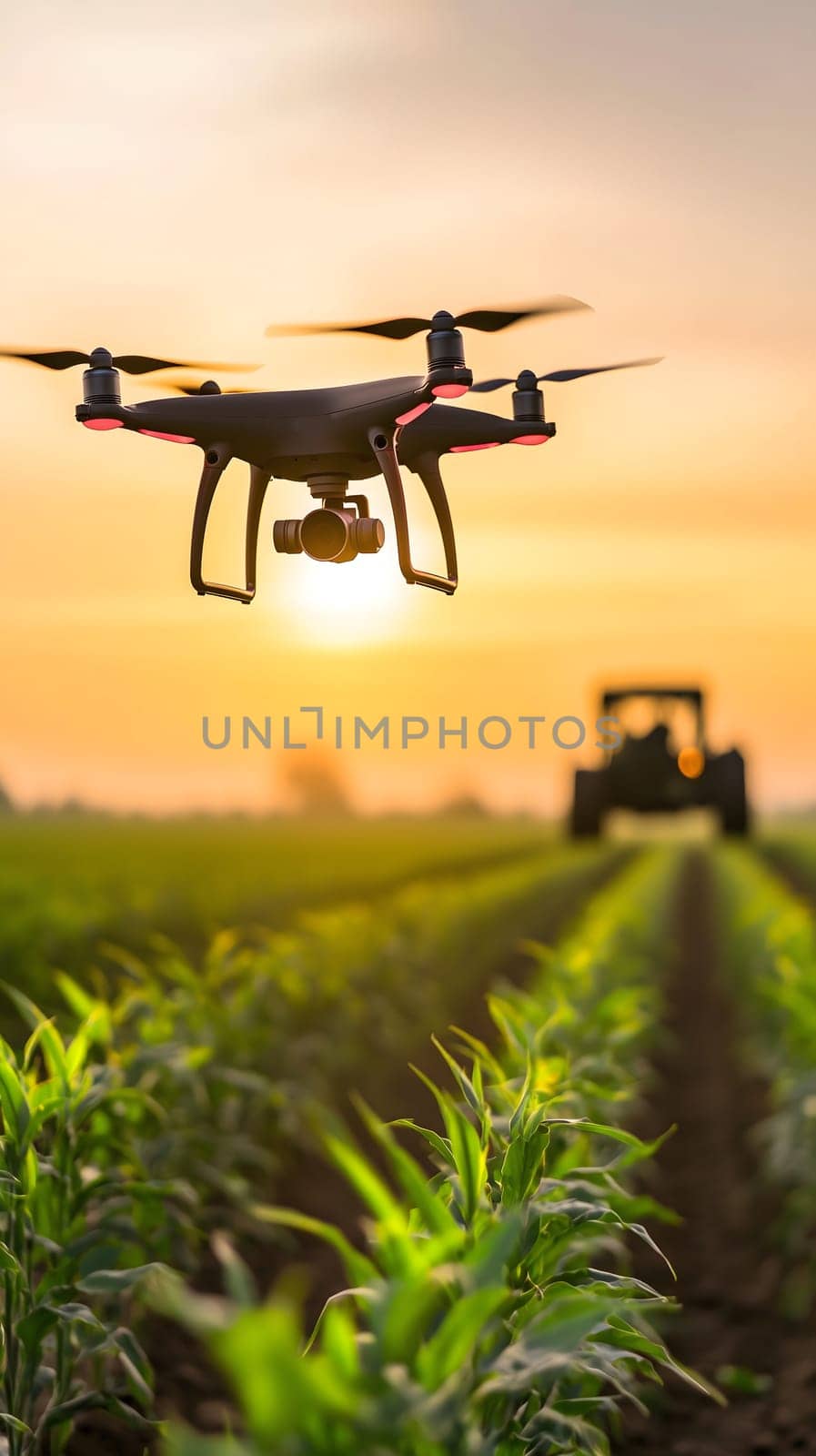 smart farming scene of drone flying above tractor in a field, showcasing technology precision agriculture and sustainable farming practices