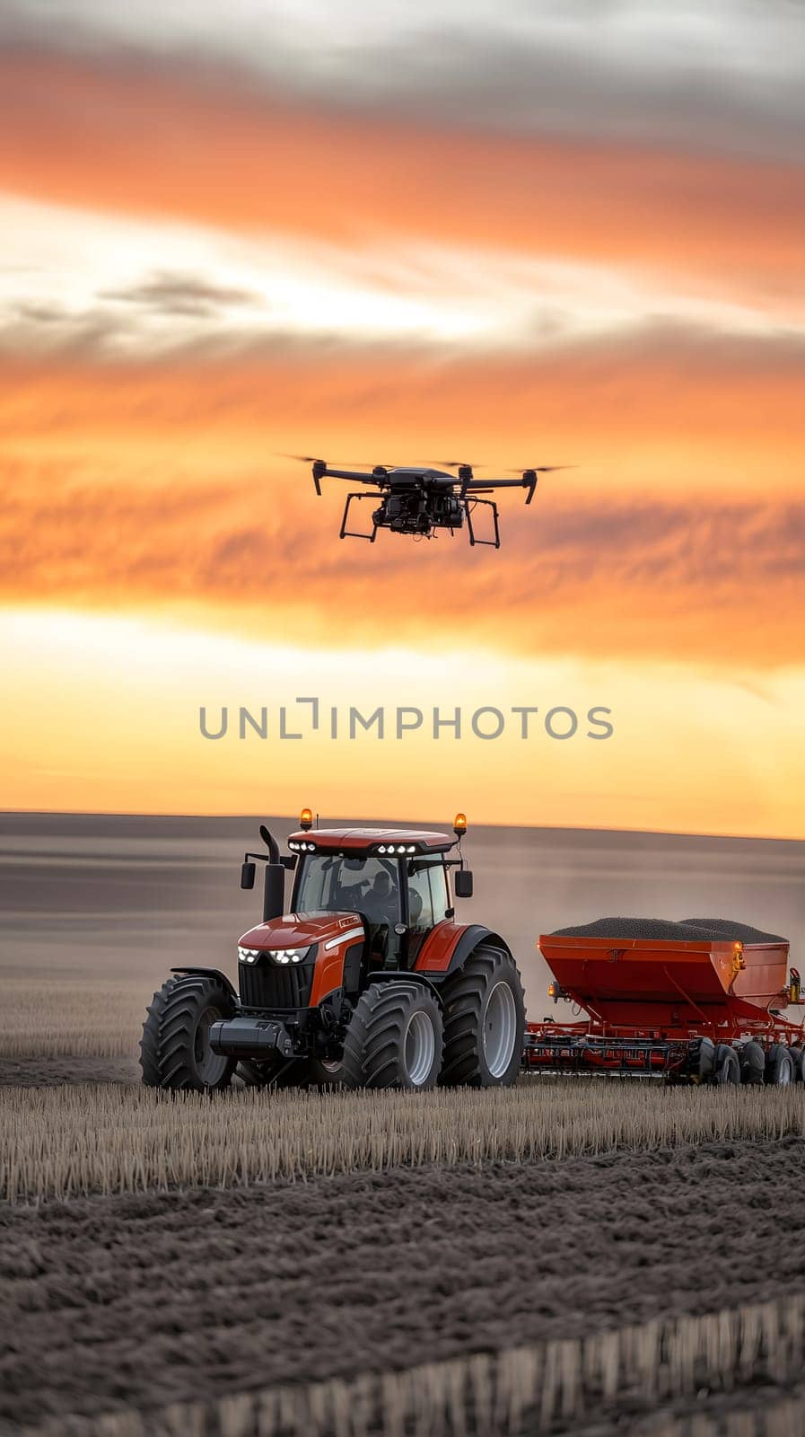 smart farming scene of drone flying above tractor in a field, showcasing technology precision agriculture and sustainable farming practices