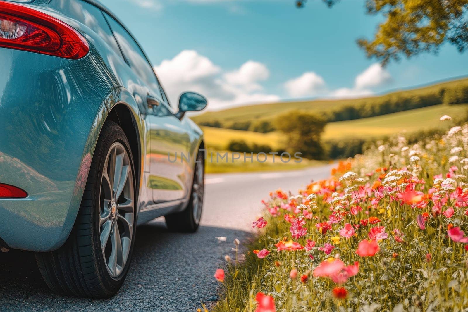 A captivating back view of a car showcasing its rear wheels against a charming roadside filled with colorful flowers, embodying the essence of summer adventures.