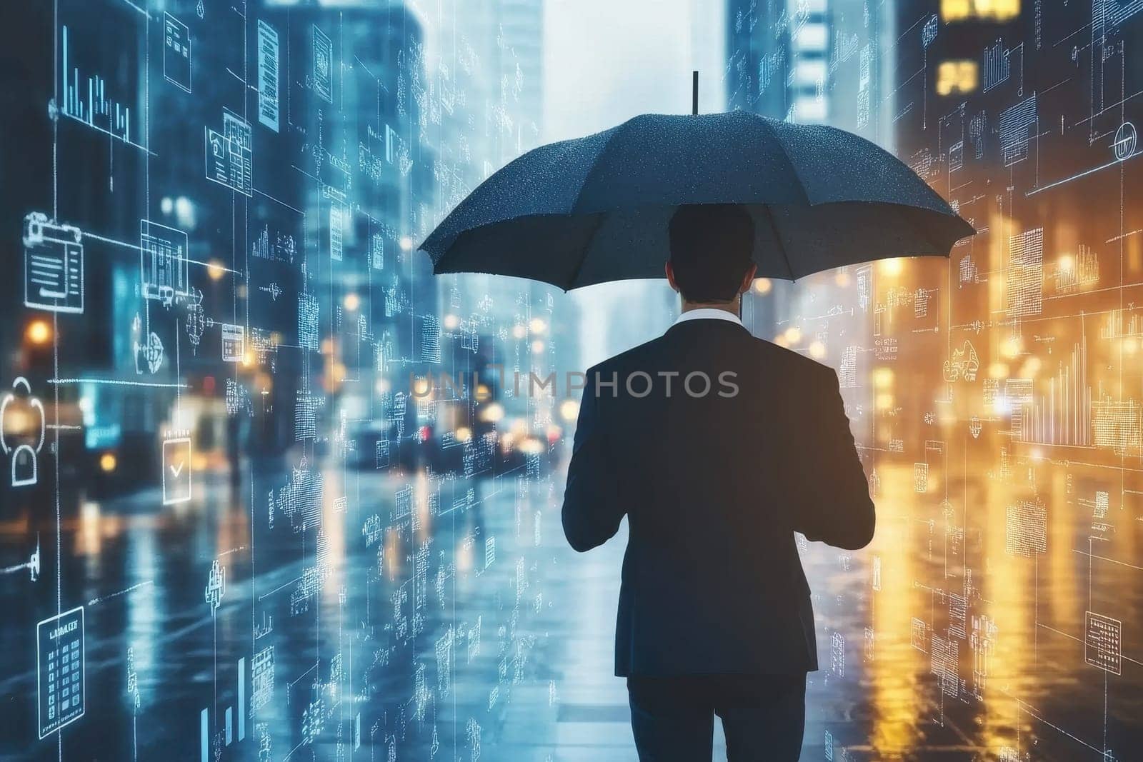 A businessman stands with an umbrella in a stormy urban environment, surrounded by digital elements that symbolize the modern challenges of finance and technology.