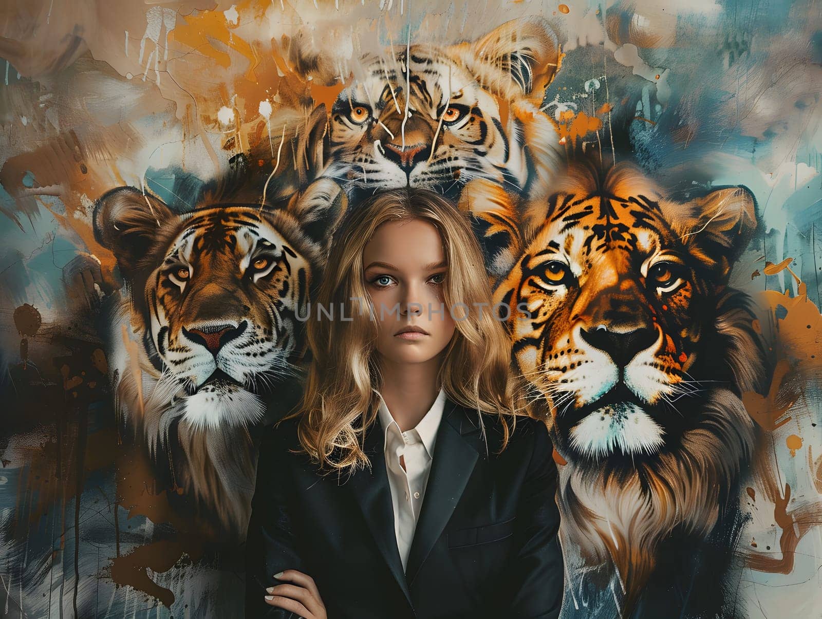 Abstract young woman in a suit with lion and tiger head
