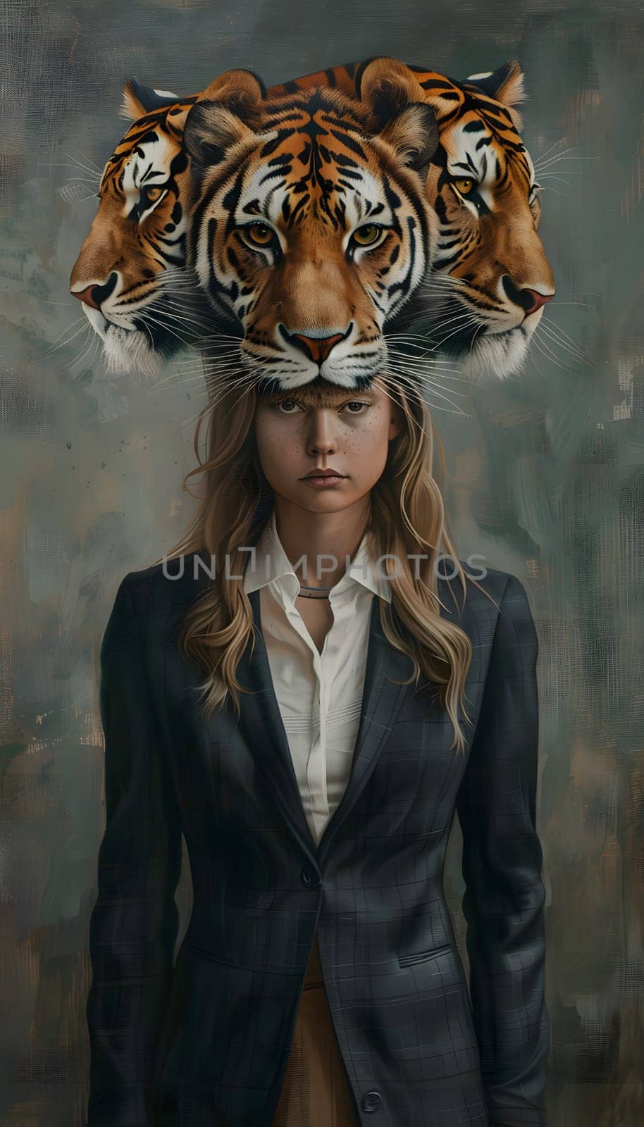 Abstract young woman in a suit with lion and tiger head