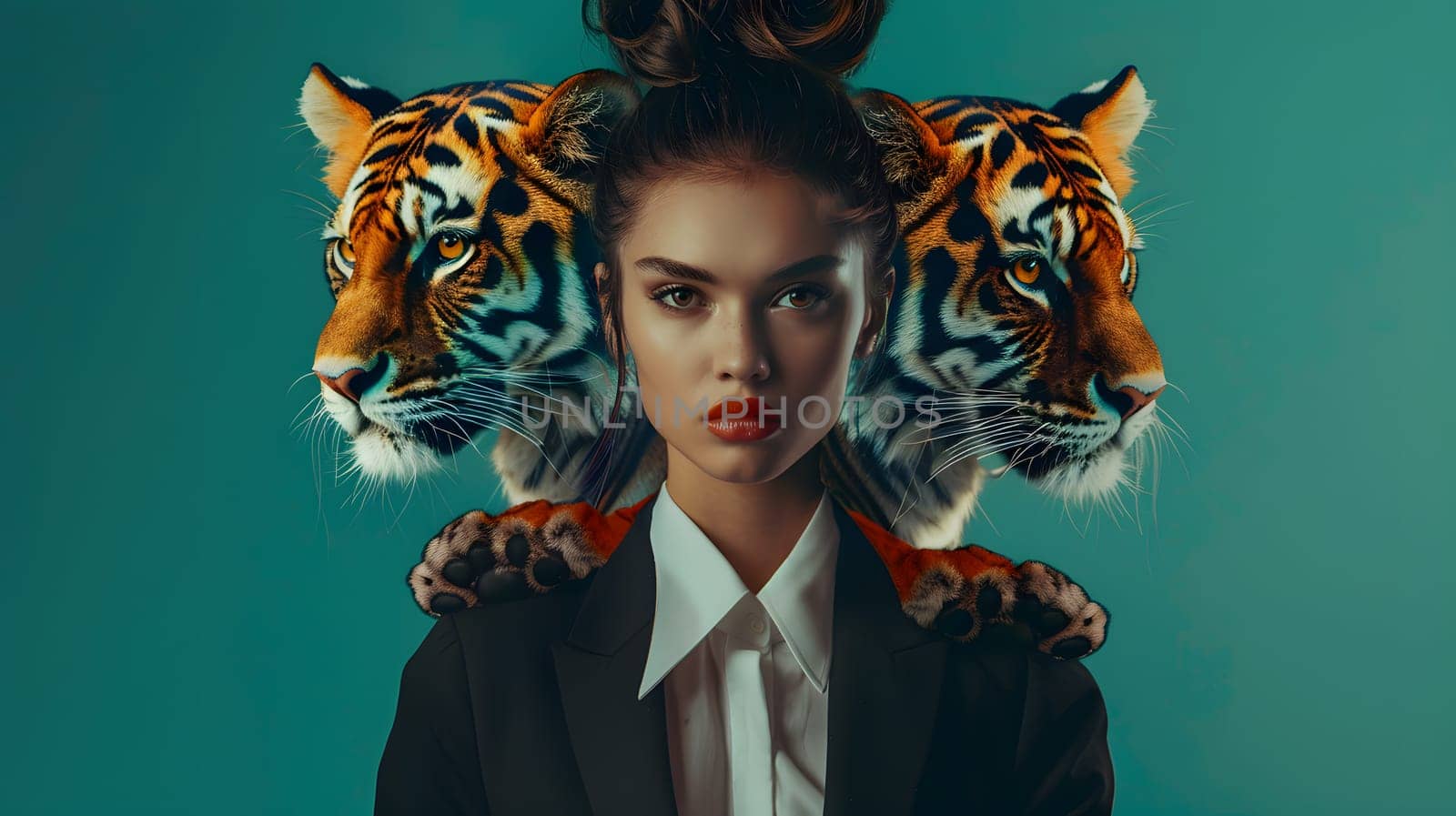 Abstract young woman in a suit with lion and tiger head