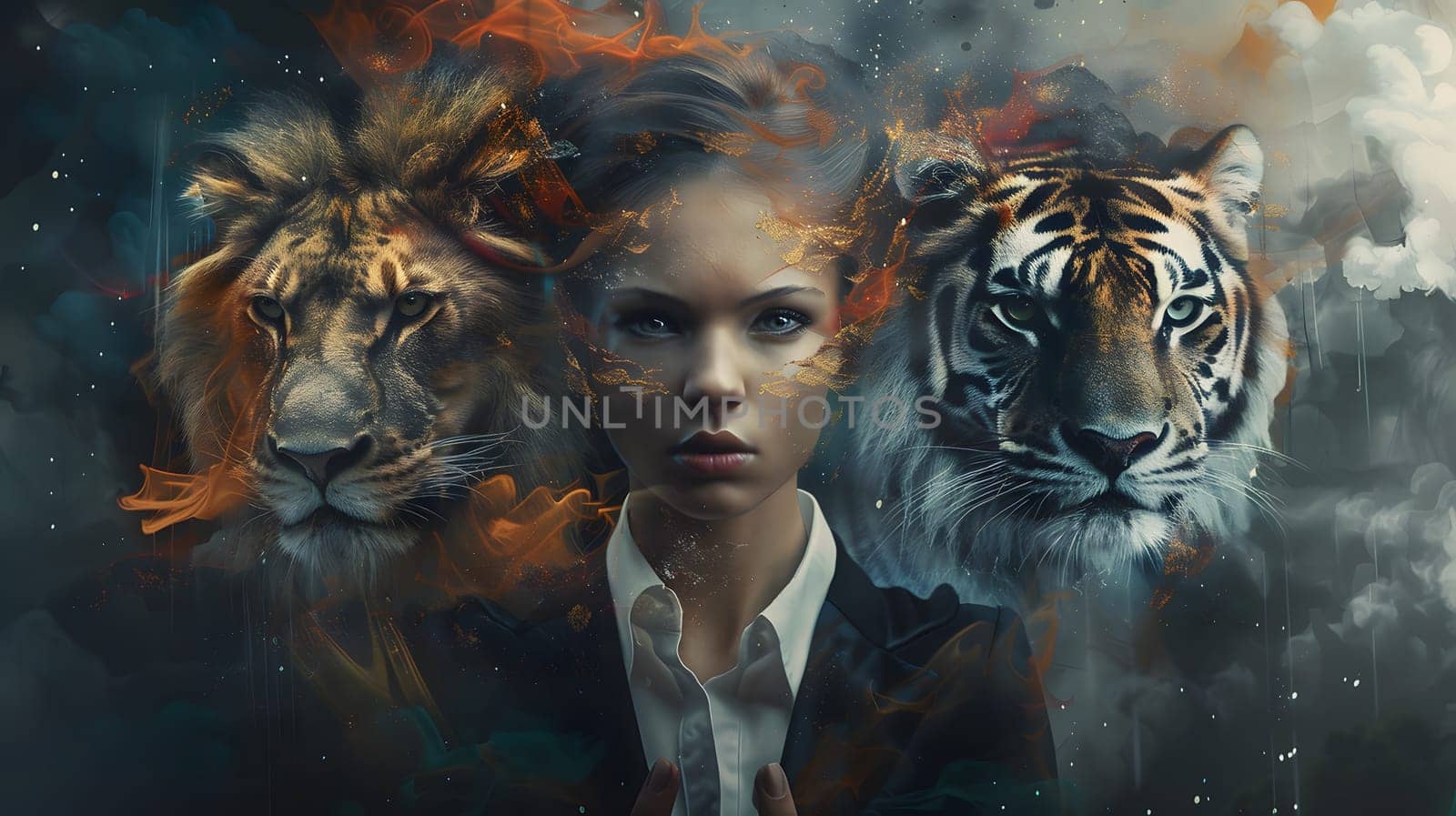 Abstract young woman in a suit with lion and tiger head