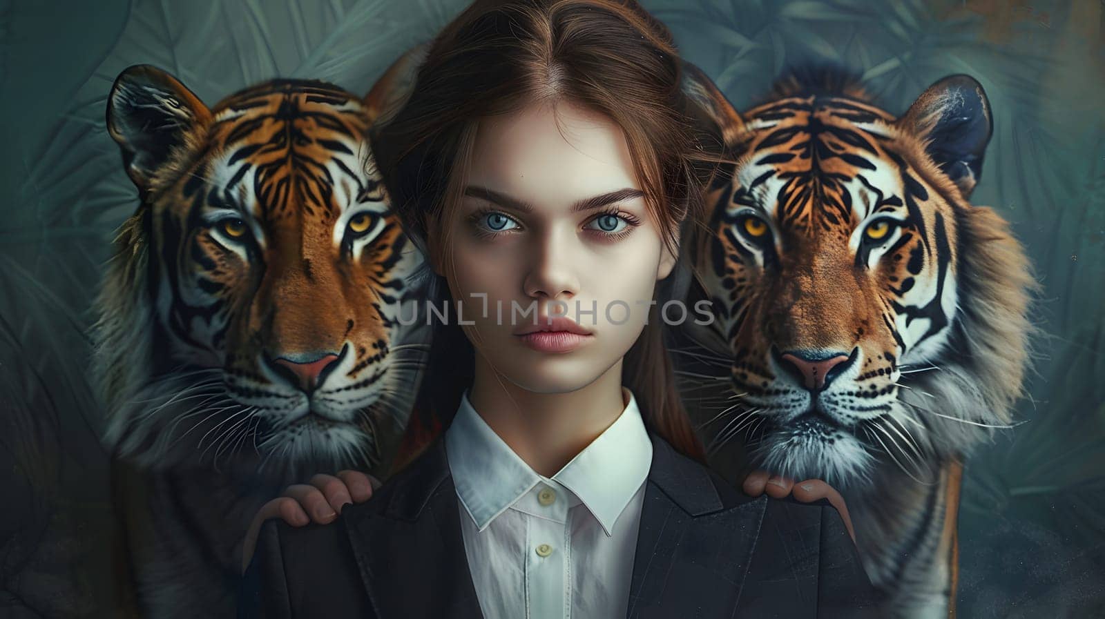 Abstract young woman in a suit with lion and tiger head