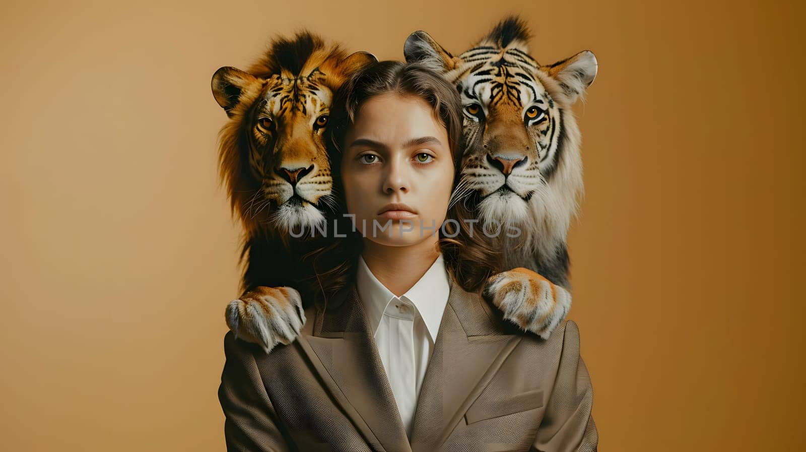 Abstract young woman in a suit with lion and tiger head