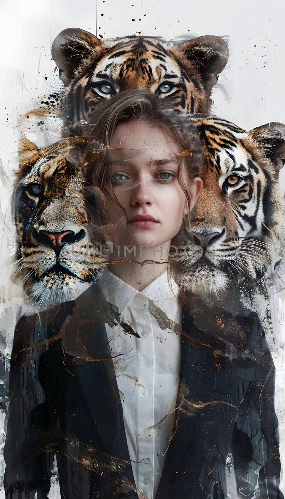 Abstract young woman in a suit with lion and tiger head