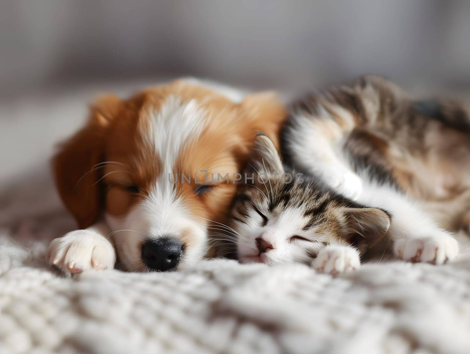 Adorable puppy and kitten lying together in a loving