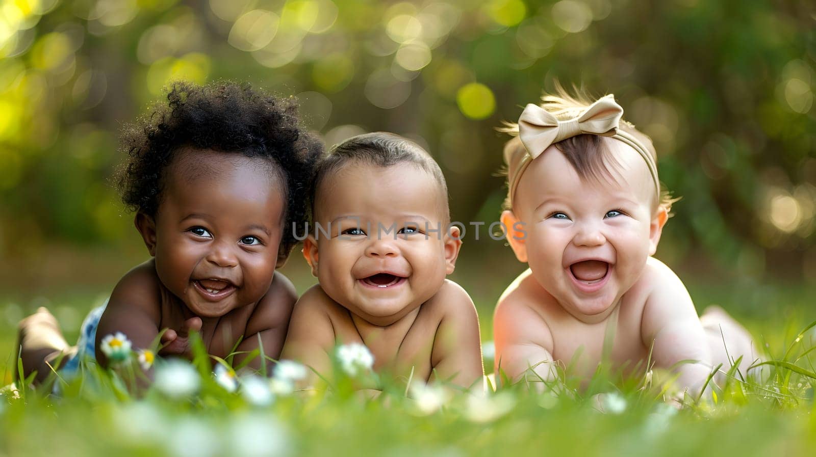 Adorable multiethnic babies laughing together outdoors