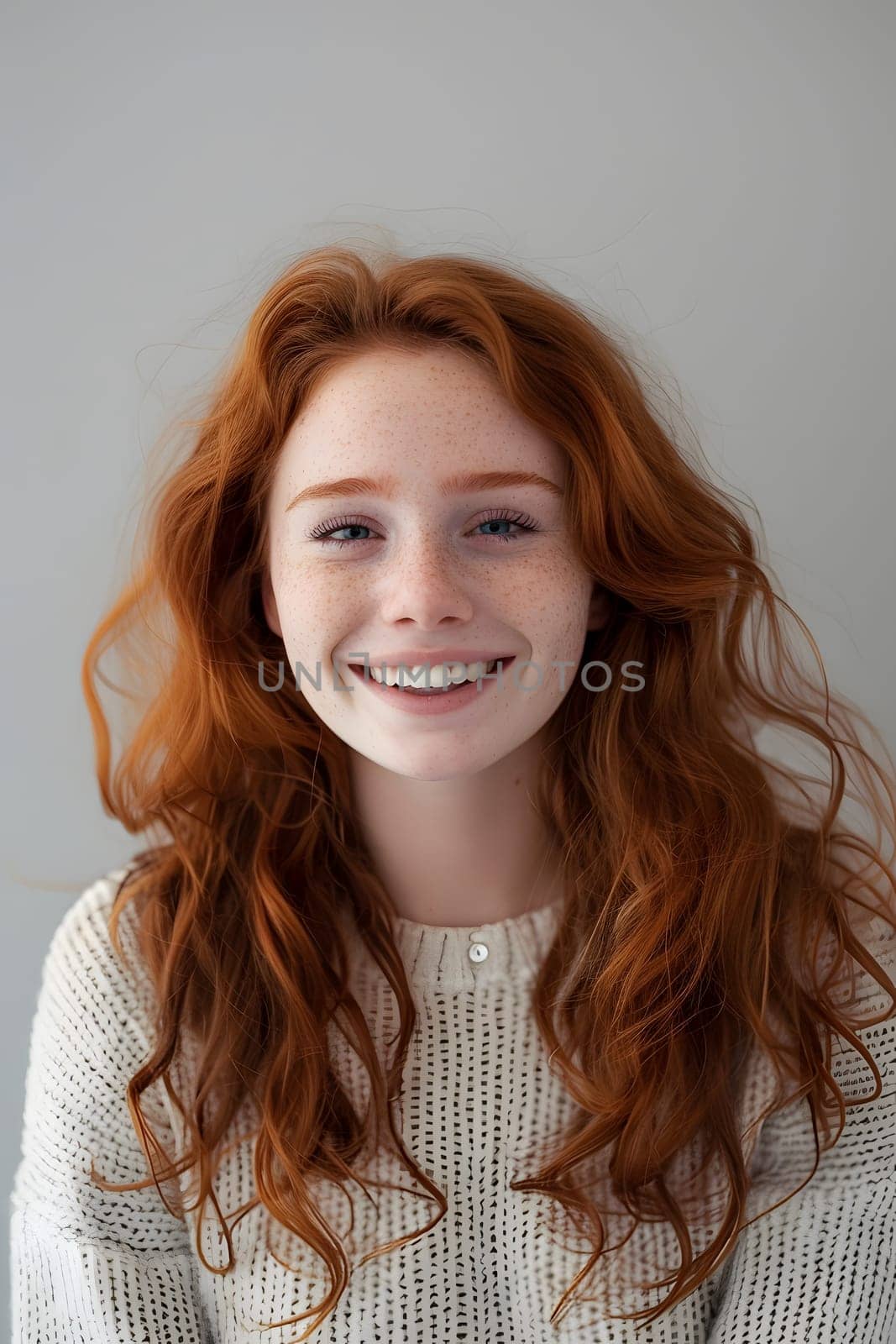 Adult female with ginger hair smiling into a camera. Isolated background with copy space.
