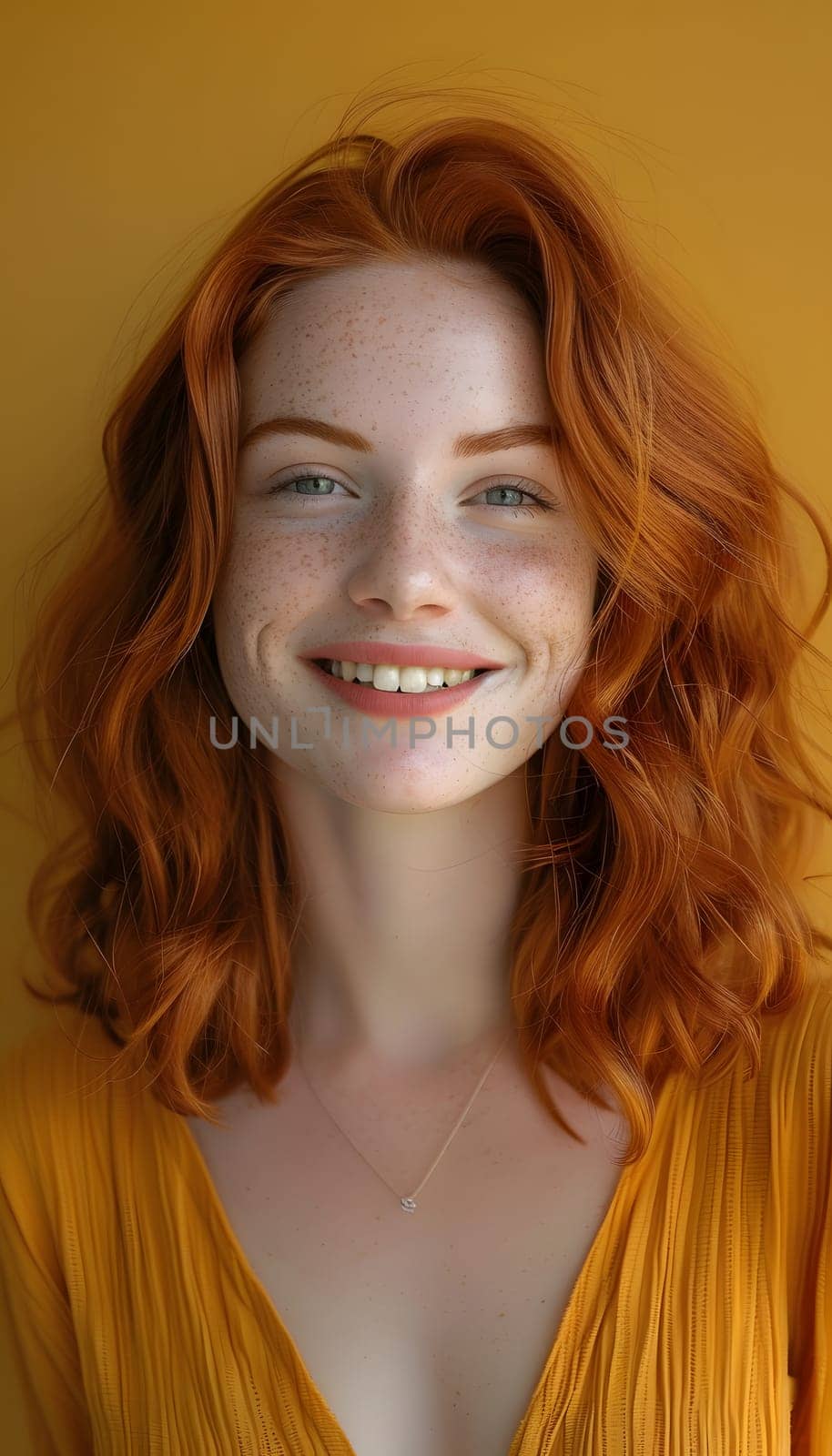 Adult female with ginger hair smiling into a camera. Isolated background with copy space.