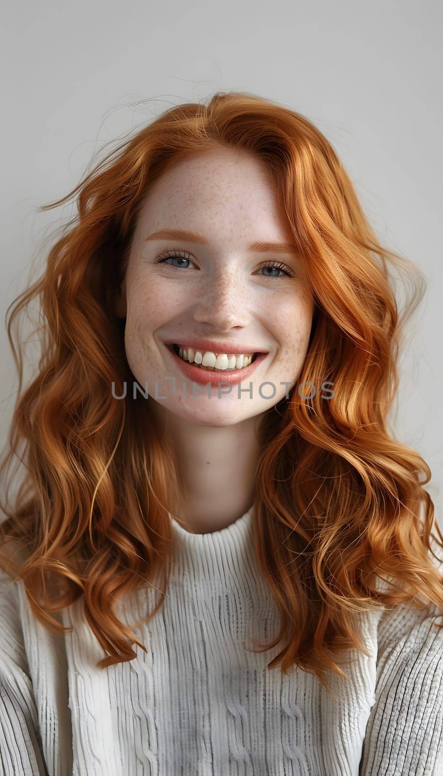 Adult female with ginger hair smiling into a camera. Isolated background with copy space.
