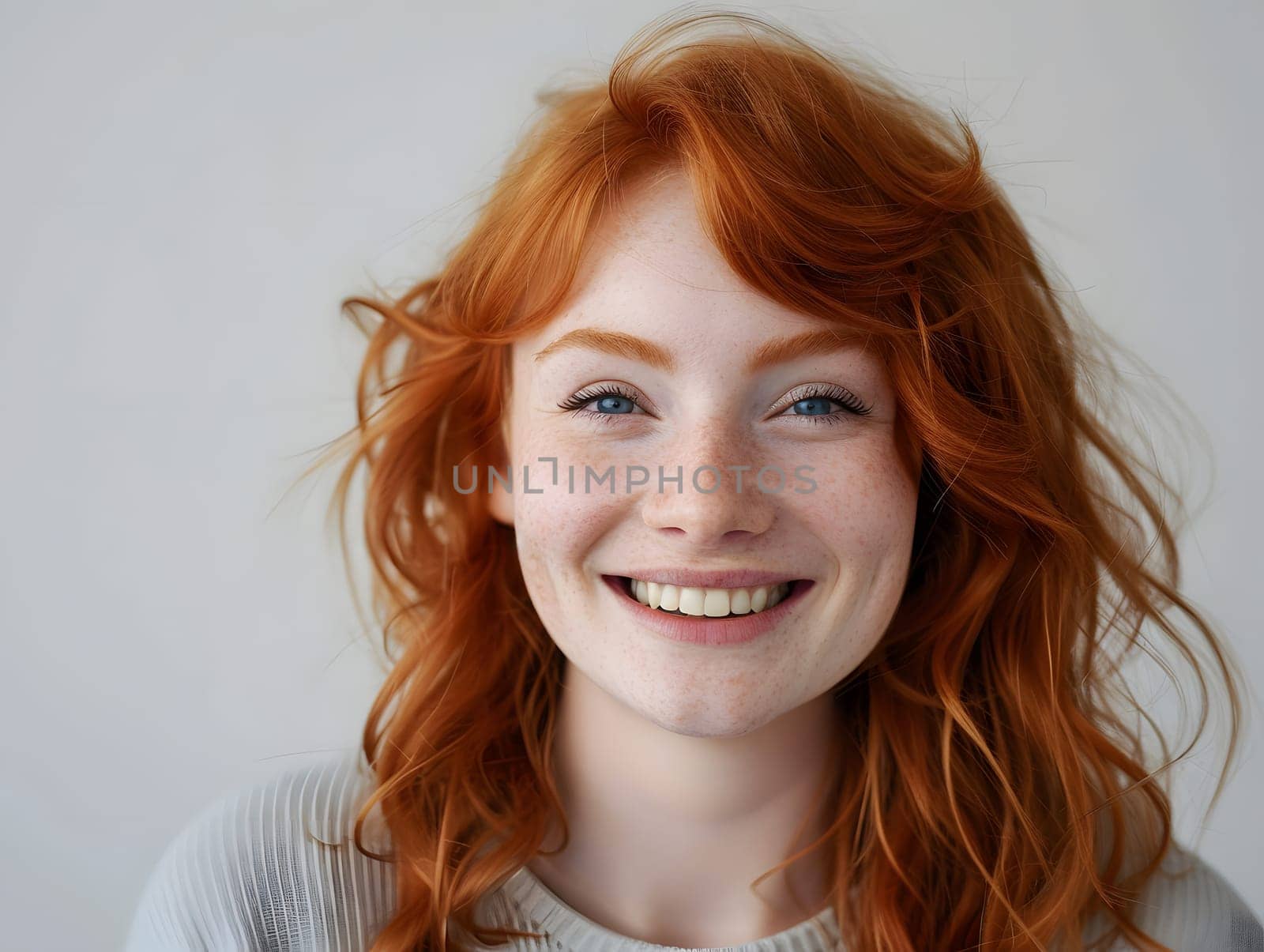Adult female with ginger hair smiling into a camera. Isolated background with copy space.