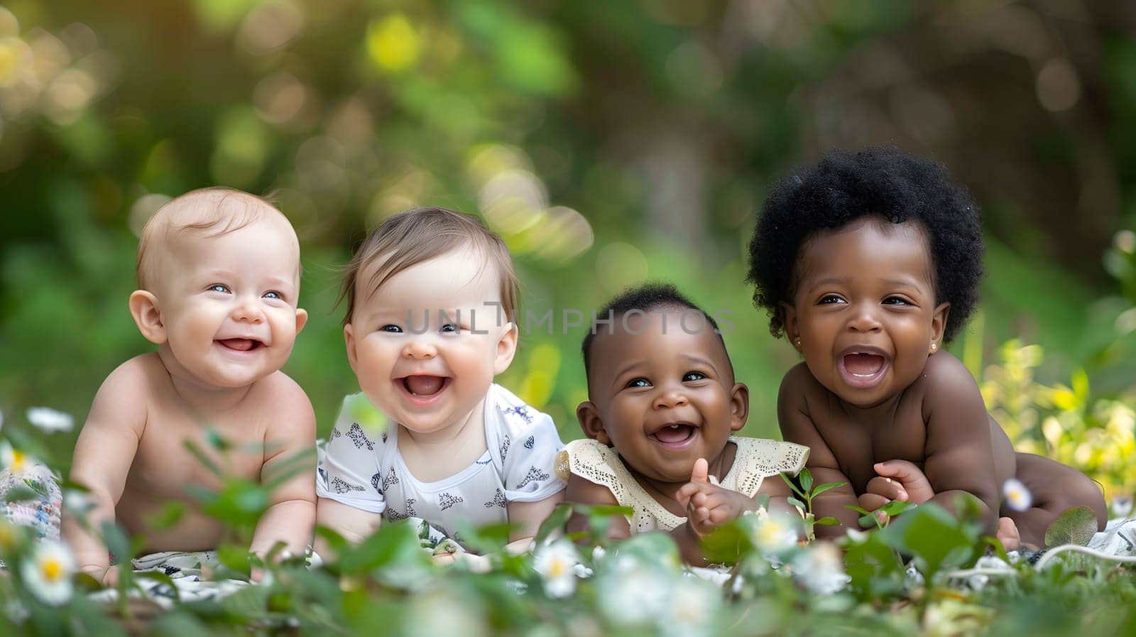 Adorable multiethnic babies laughing together outdoors