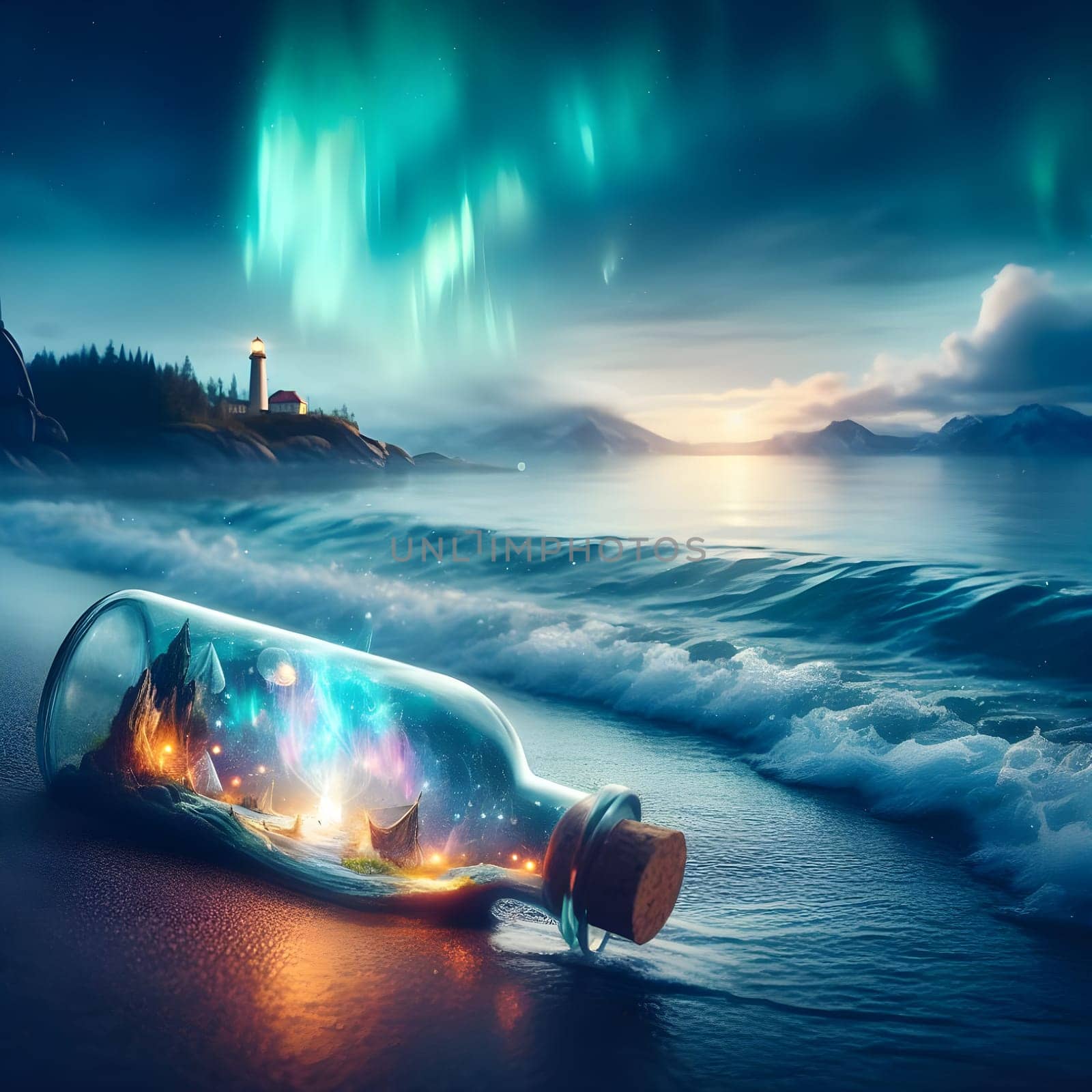 artificial intelligence generated image of a whimsical world contained within a bottle drifting along the shores