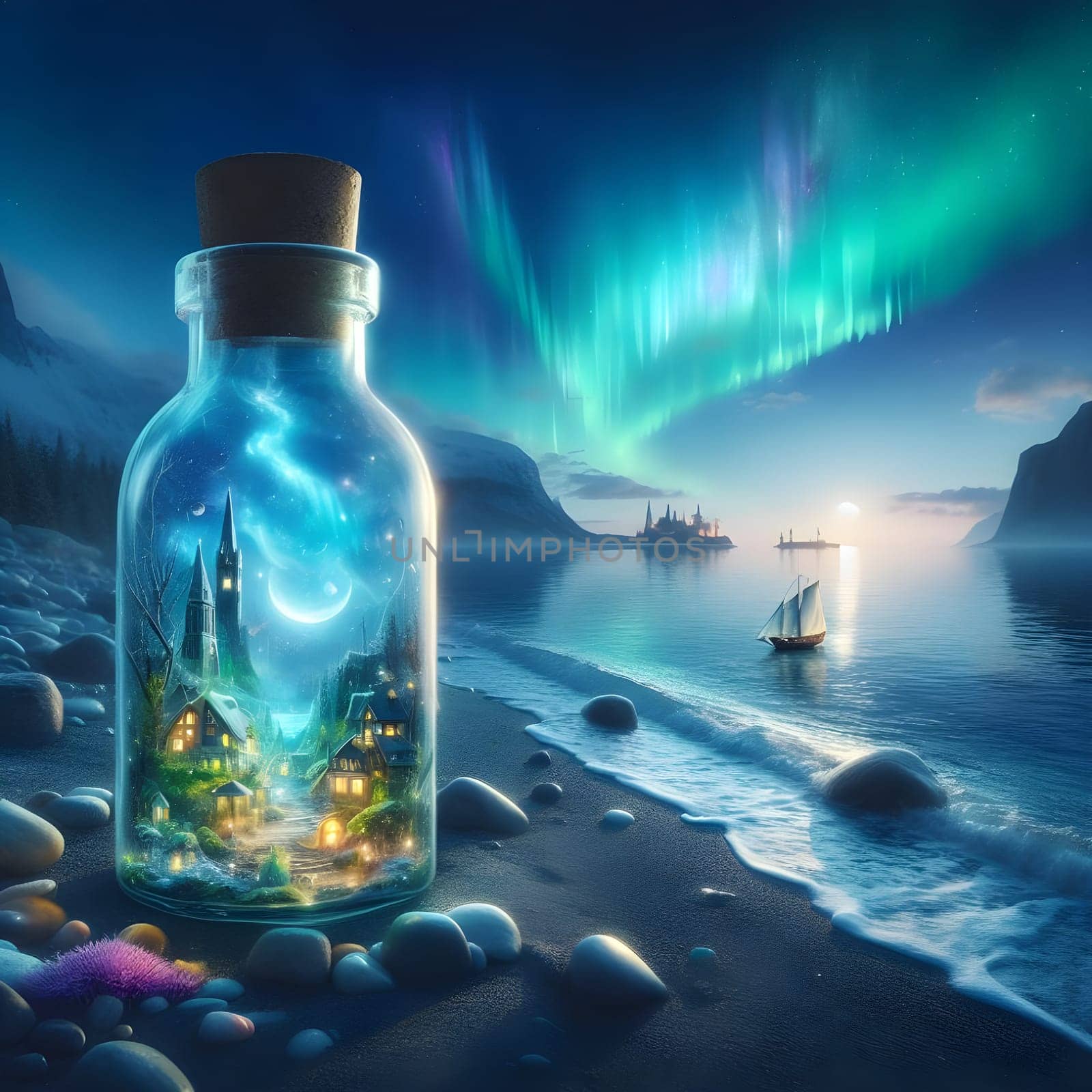artificial intelligence generated image of a whimsical world contained within a bottle drifting along the shores