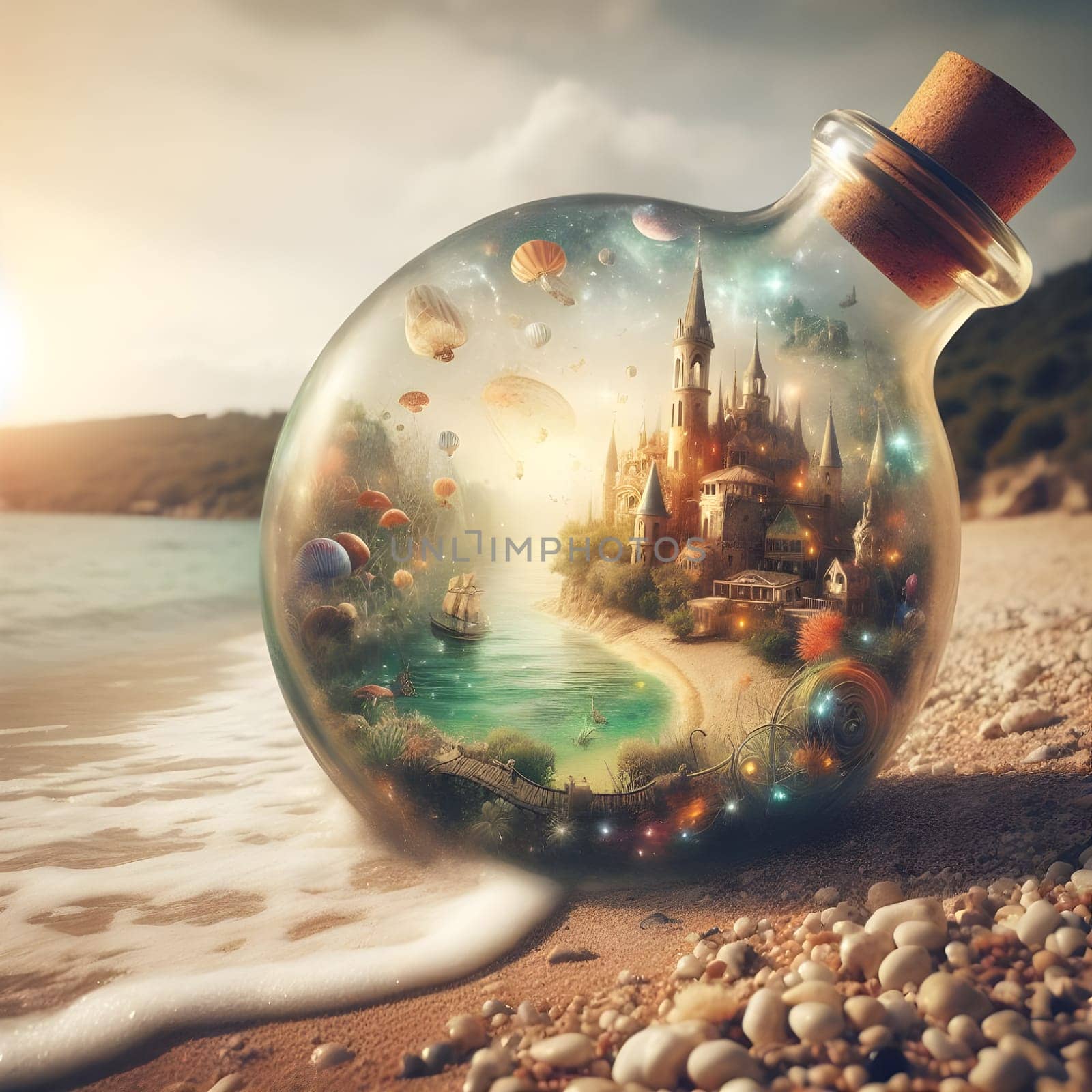 artificial intelligence generated image of a whimsical world contained within a bottle drifting along the shores