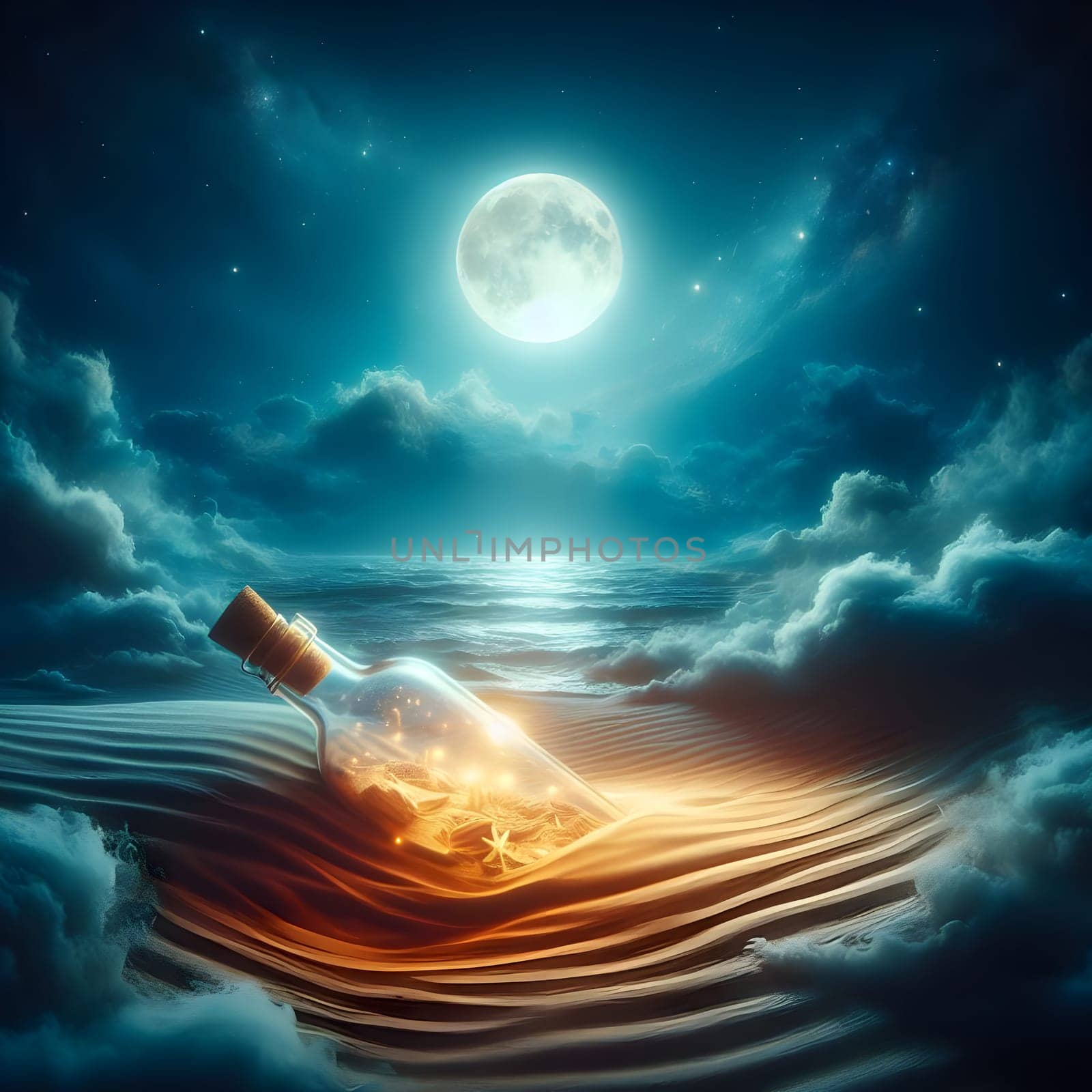 artificial intelligence generated image of a whimsical world contained within a bottle drifting along the shores