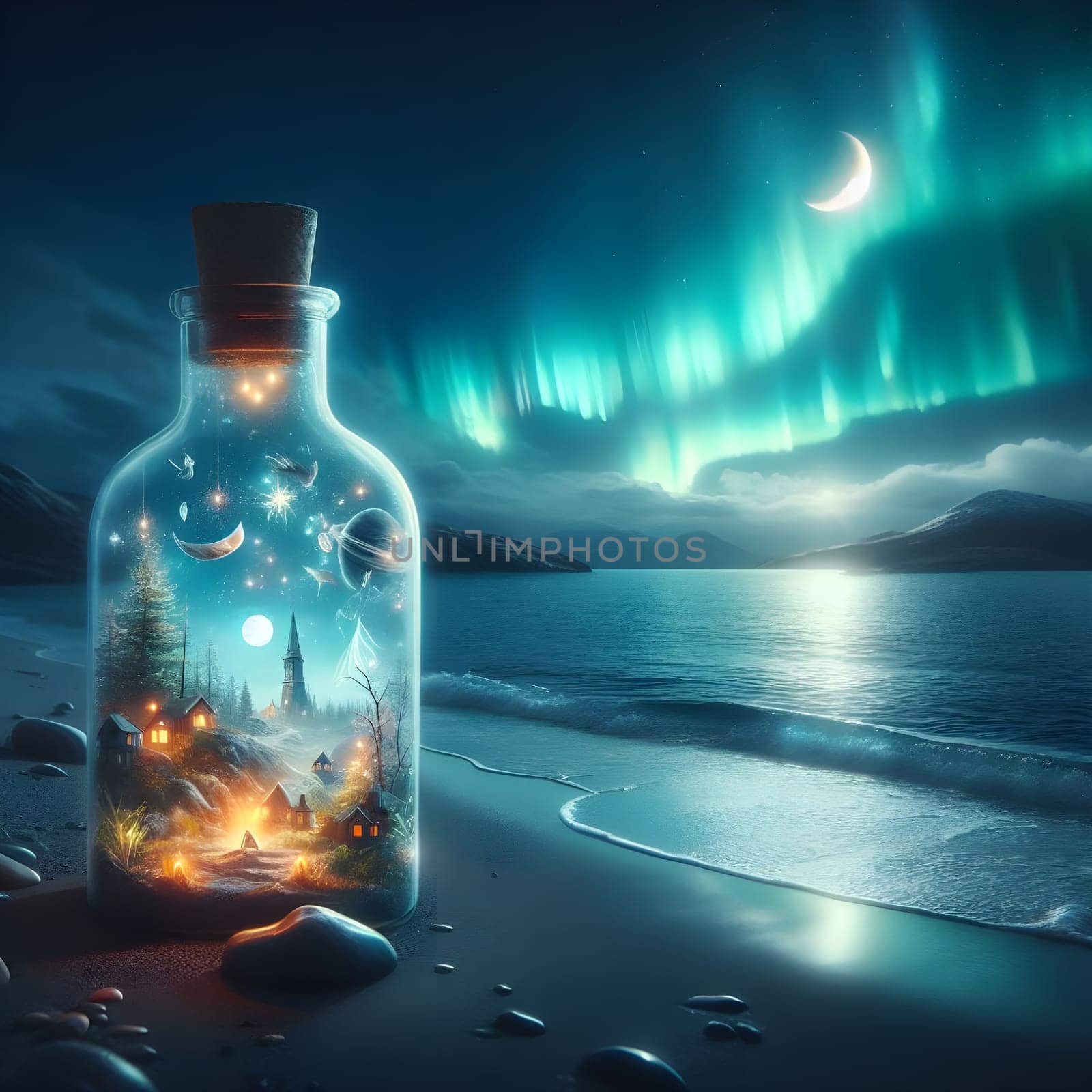 artificial intelligence generated image of a whimsical world contained within a bottle drifting along the shores