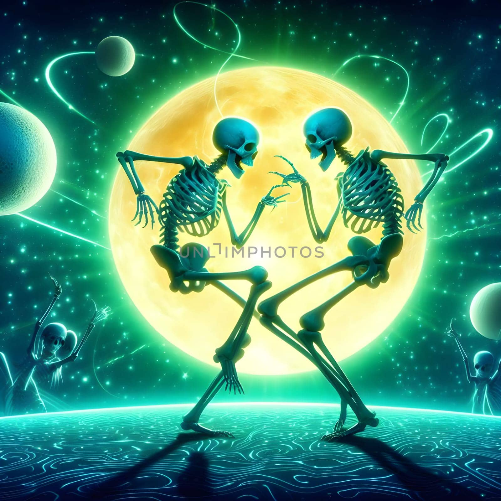 artificial intelligence generated image of a couple of skeleton dancing happy moment in digital art style