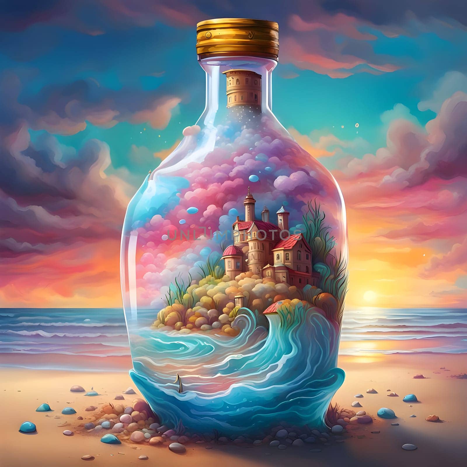 artificial intelligence generated image of a whimsical world contained within a bottle drifting along the shores.