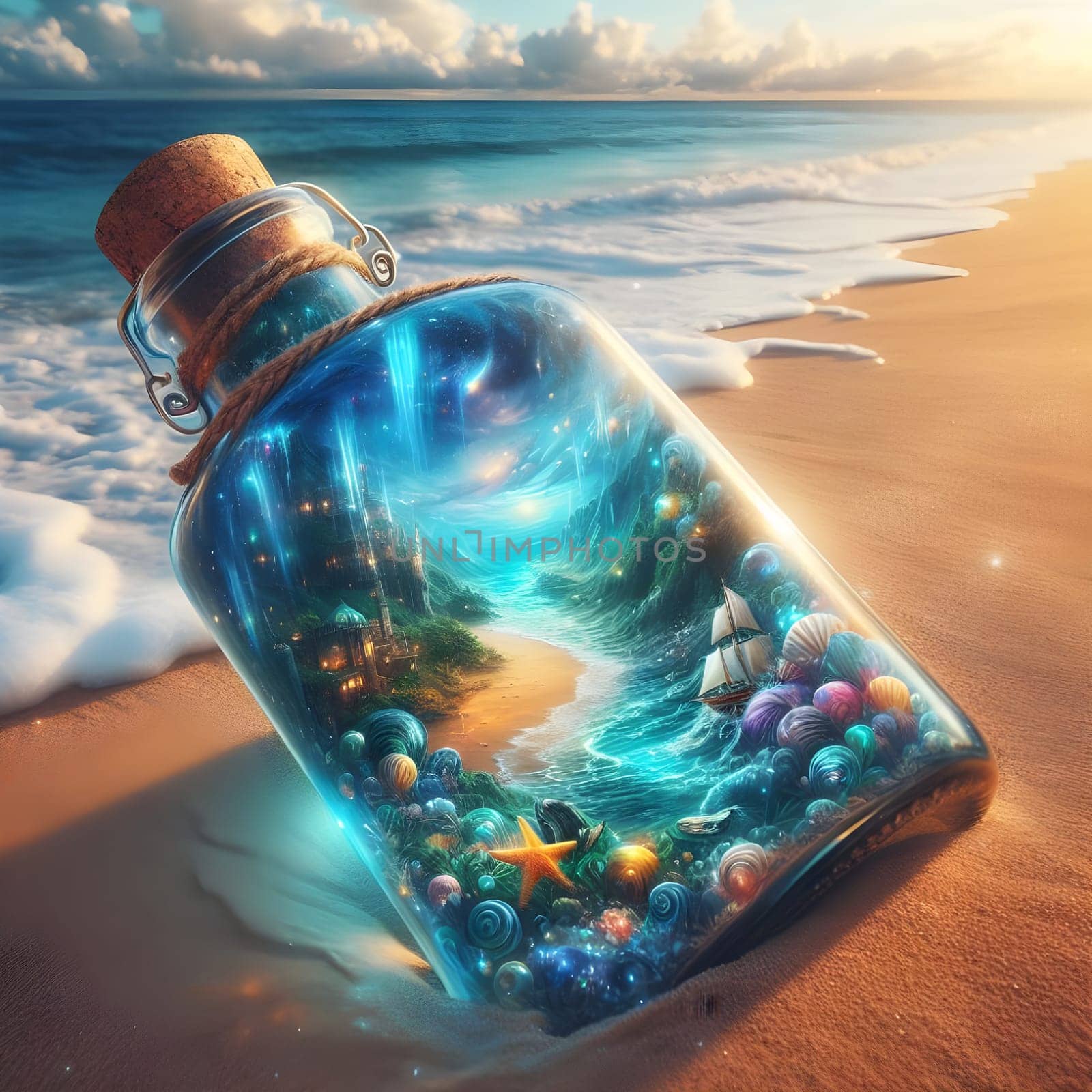 artificial intelligence generated image of a whimsical world contained within a bottle drifting along the shores.