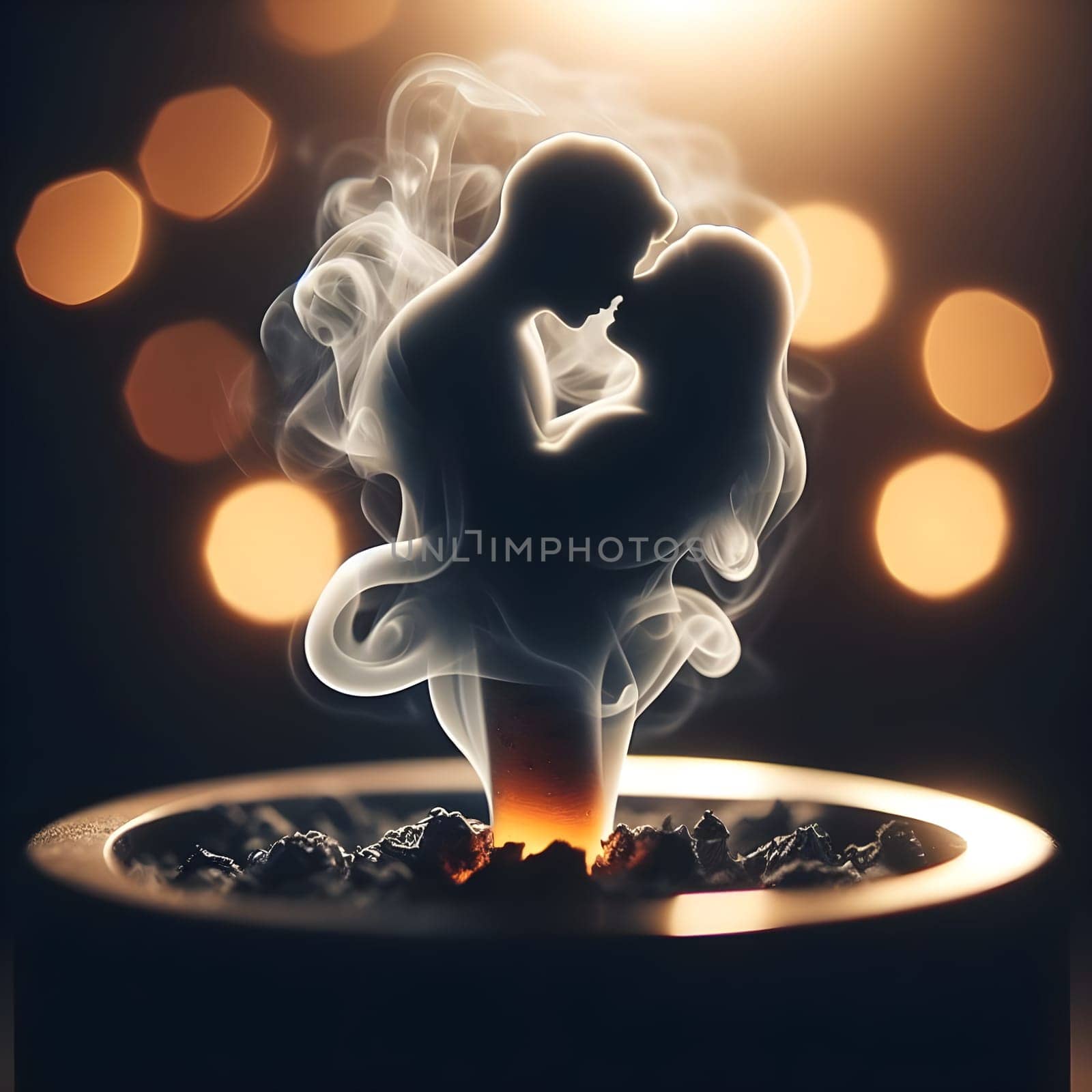 artificial intelligence generated close up image of a glowing cigarette ashtray, the thick smoke forming the delicate silhouette of a shadowy embracing couple.