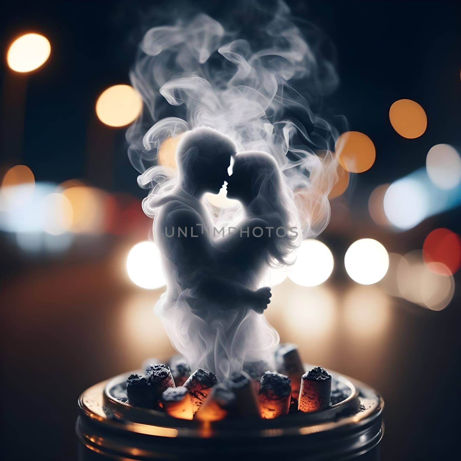 artificial intelligence generated close up image of a glowing cigarette ashtray, the thick smoke forming the delicate silhouette of a shadowy embracing couple.