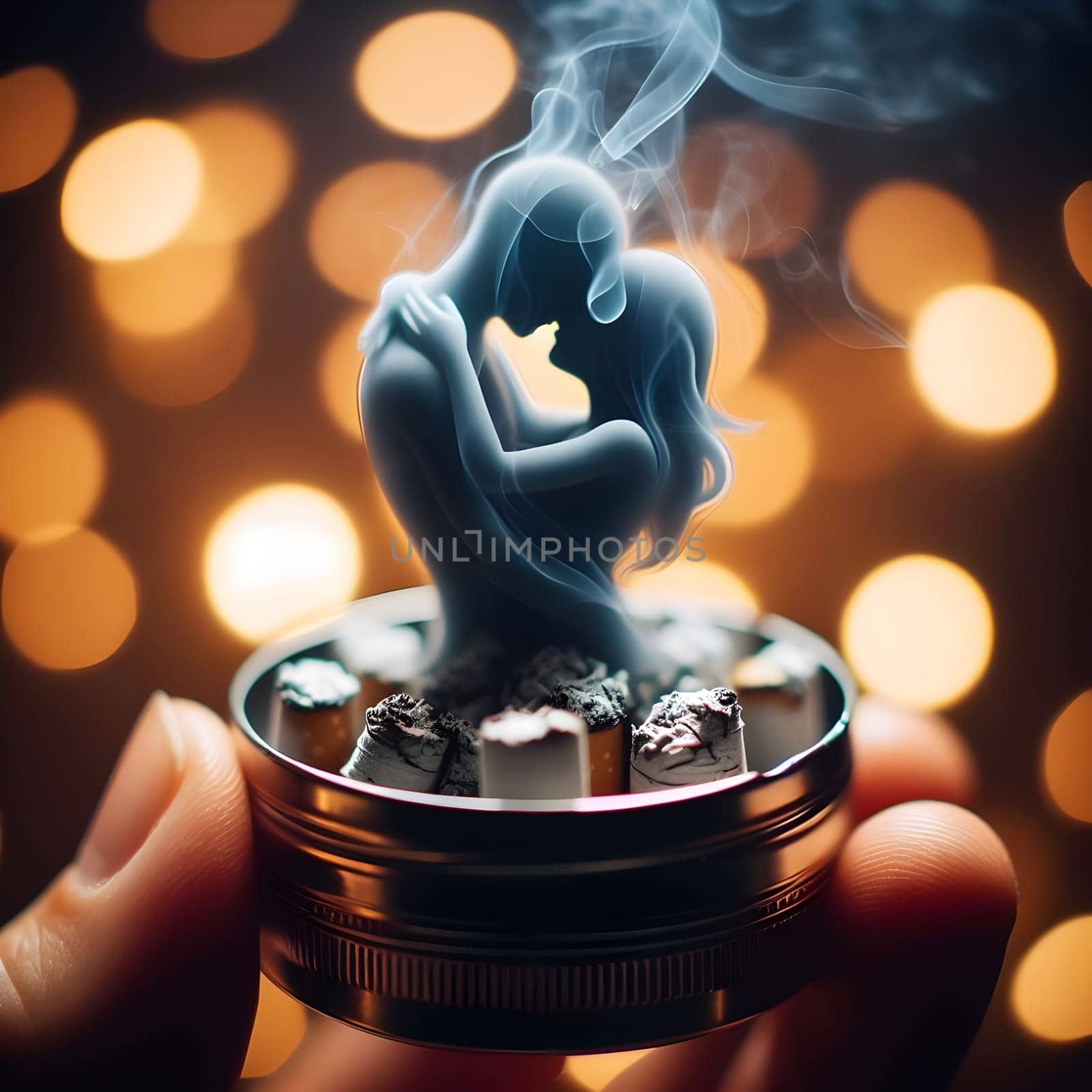 artificial intelligence generated close up image of a glowing cigarette ashtray, the thick smoke forming the delicate silhouette of a shadowy embracing couple.