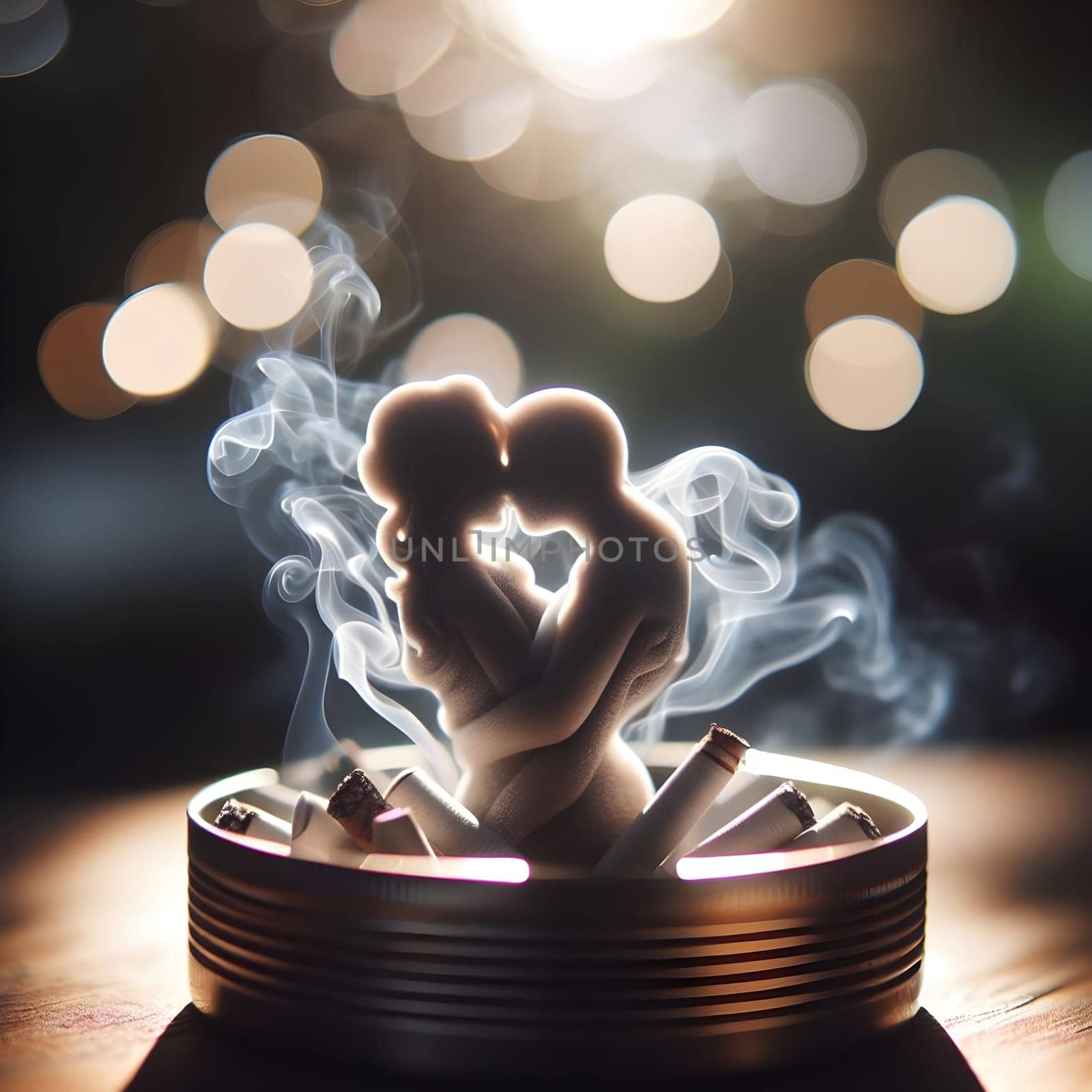 artificial intelligence generated close up image of a glowing cigarette ashtray, the thick smoke forming the delicate silhouette of a shadowy embracing couple.