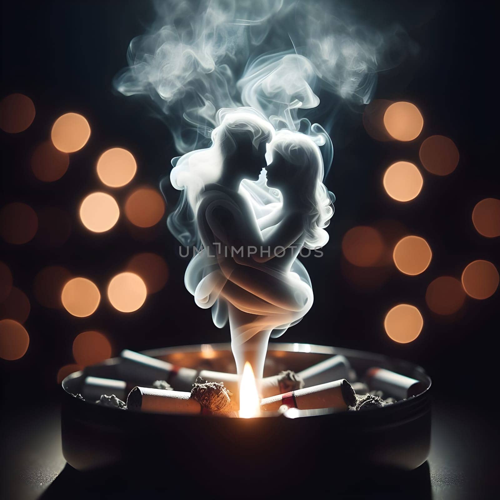 artificial intelligence generated close up image of a glowing cigarette ashtray, the thick smoke forming the delicate silhouette of a shadowy embracing couple.
