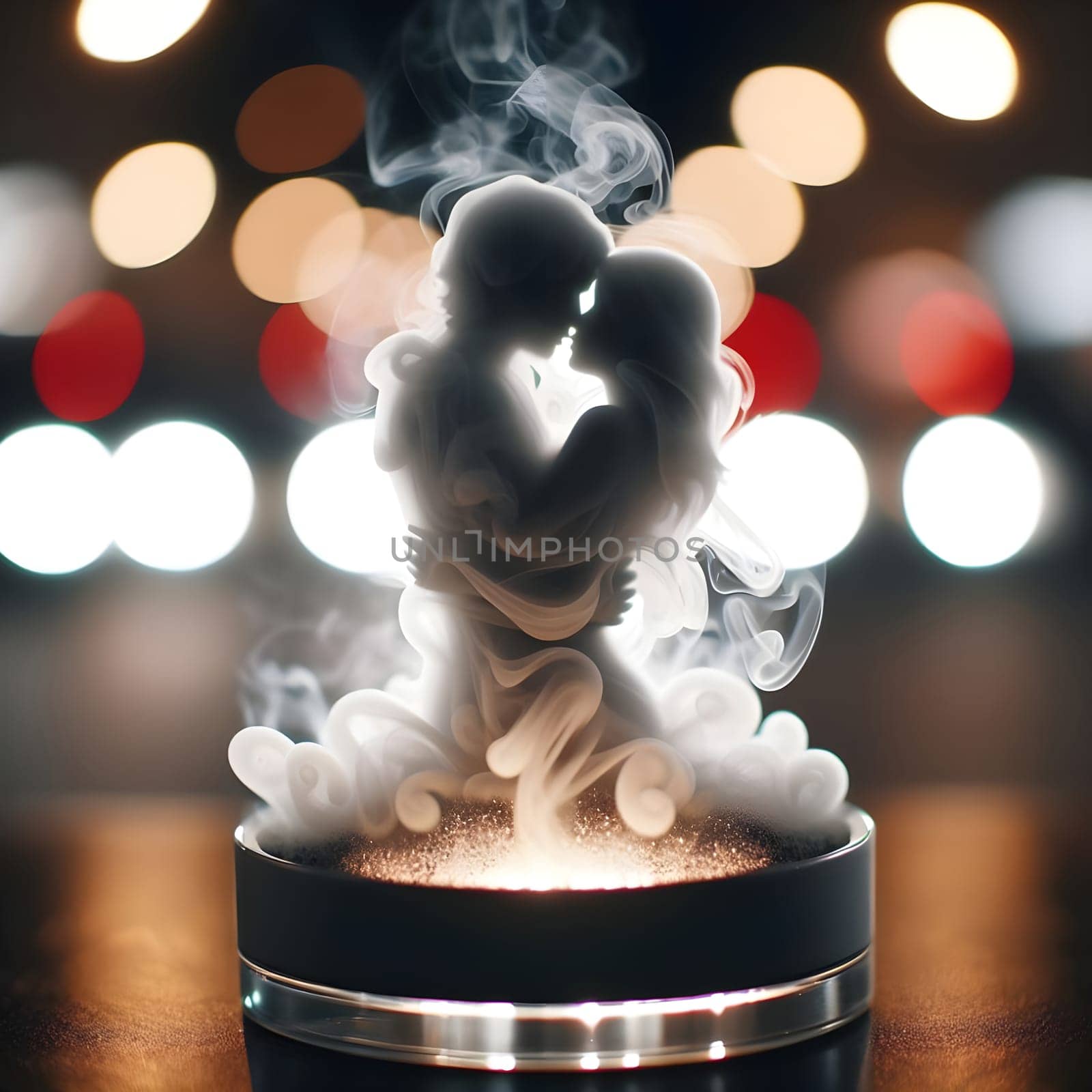 artificial intelligence generated close up image of a glowing cigarette ashtray, the thick smoke forming the delicate silhouette of a shadowy embracing couple.