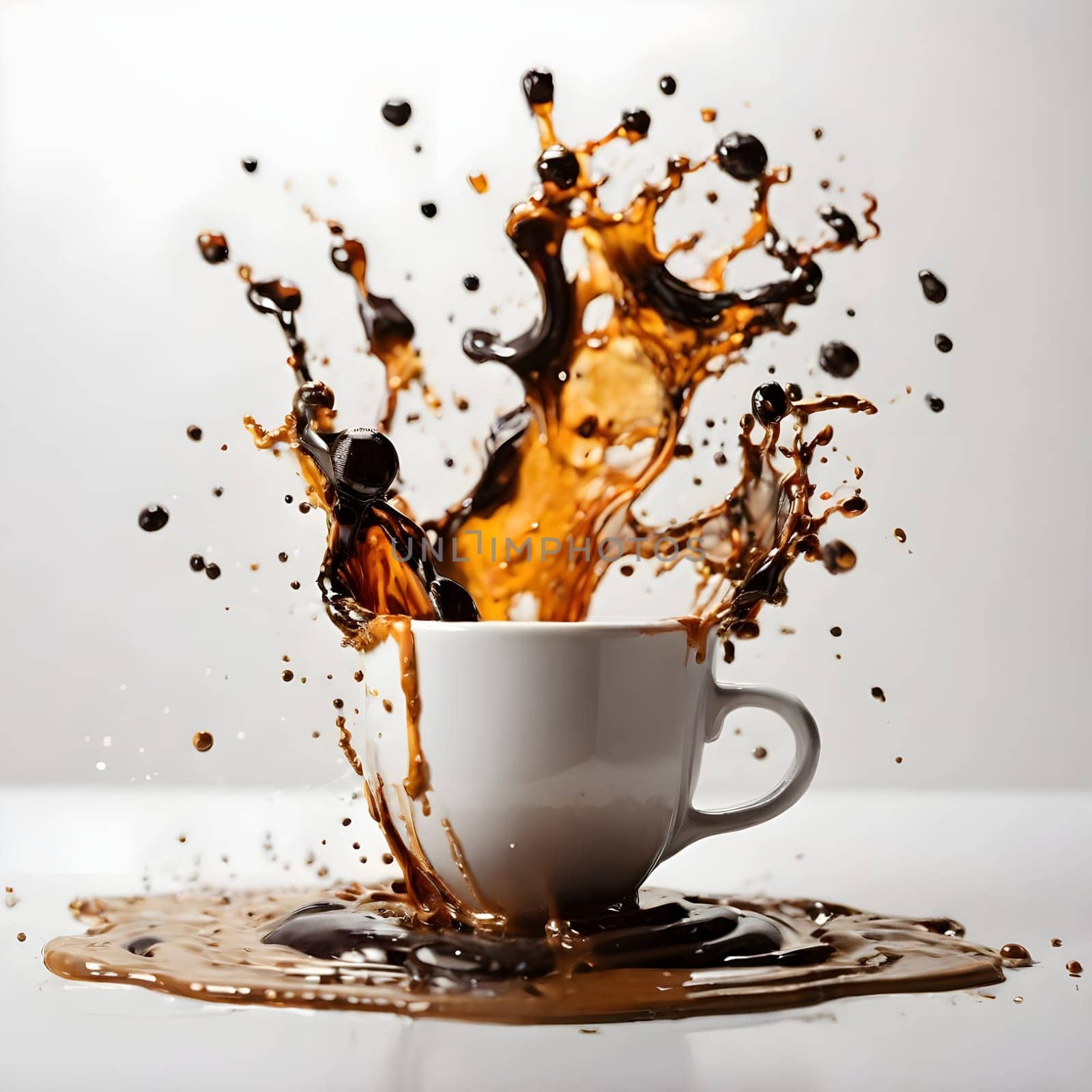 artificial intelligence generated image of the splash and splatter from a single cup with coffee.