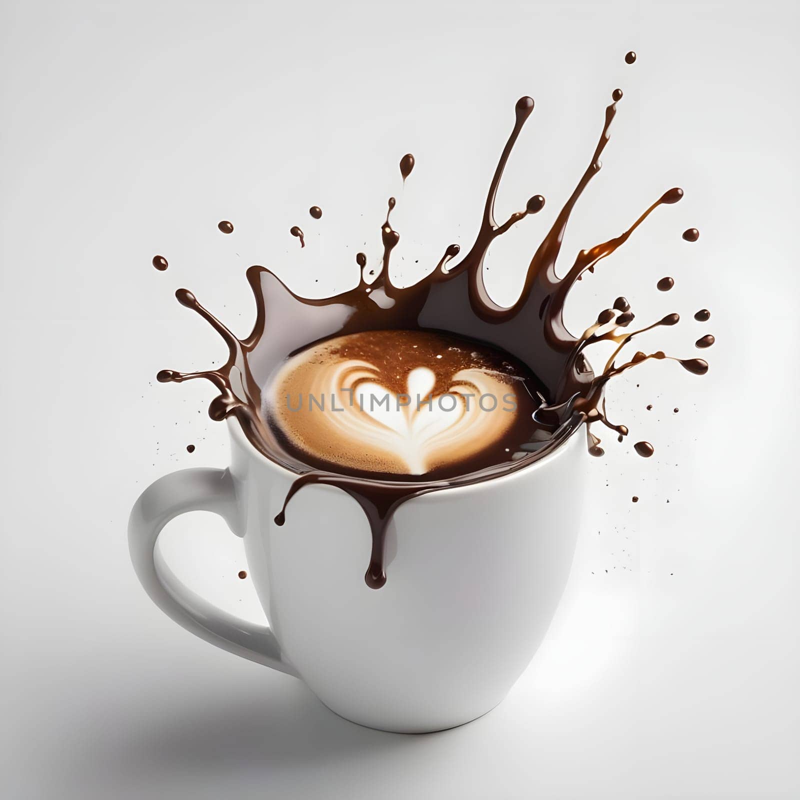 artificial intelligence generated image of the splash and splatter from a single cup with coffee.