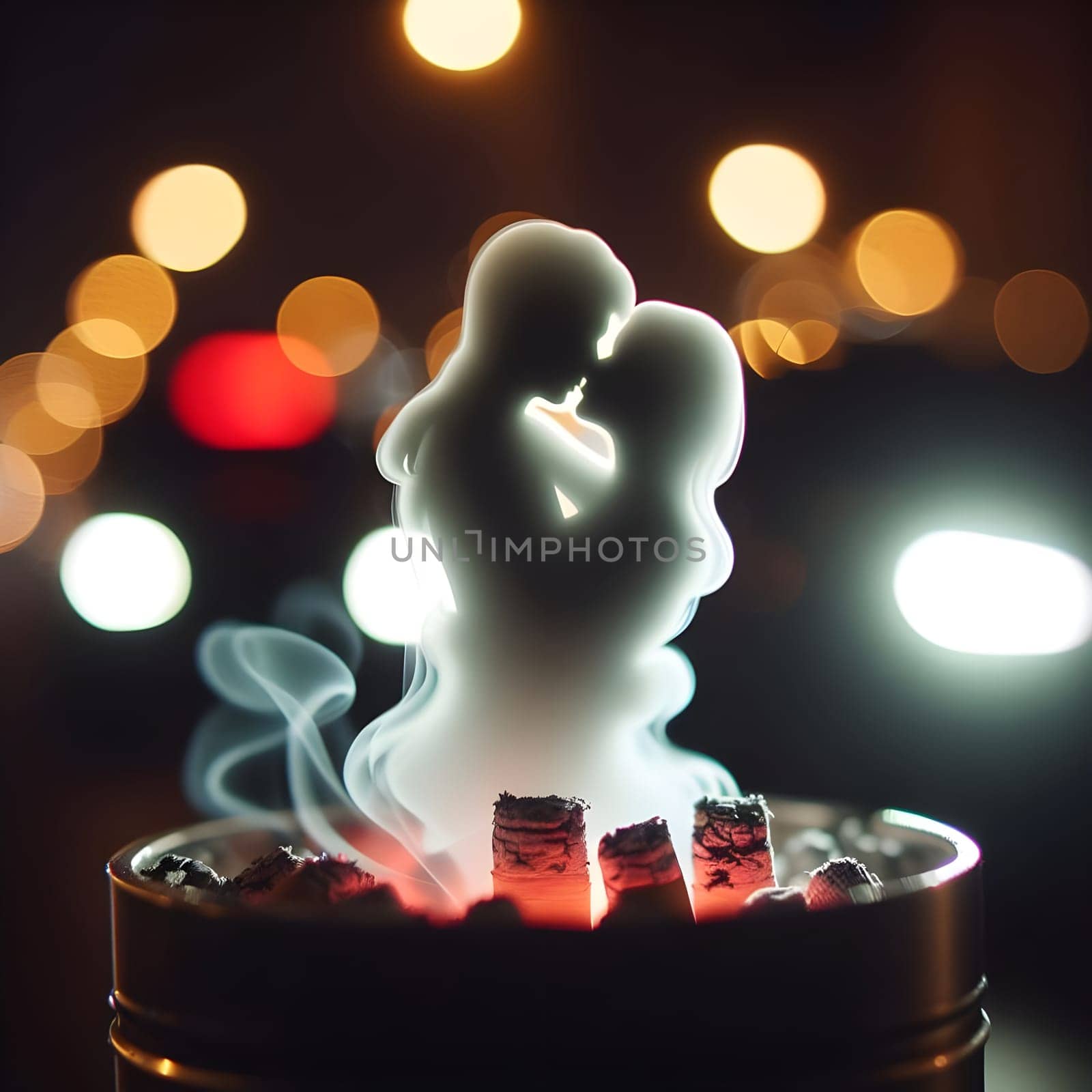 artificial intelligence generated close up image of a glowing cigarette ashtray, the thick smoke forming the delicate silhouette of a shadowy embracing couple.