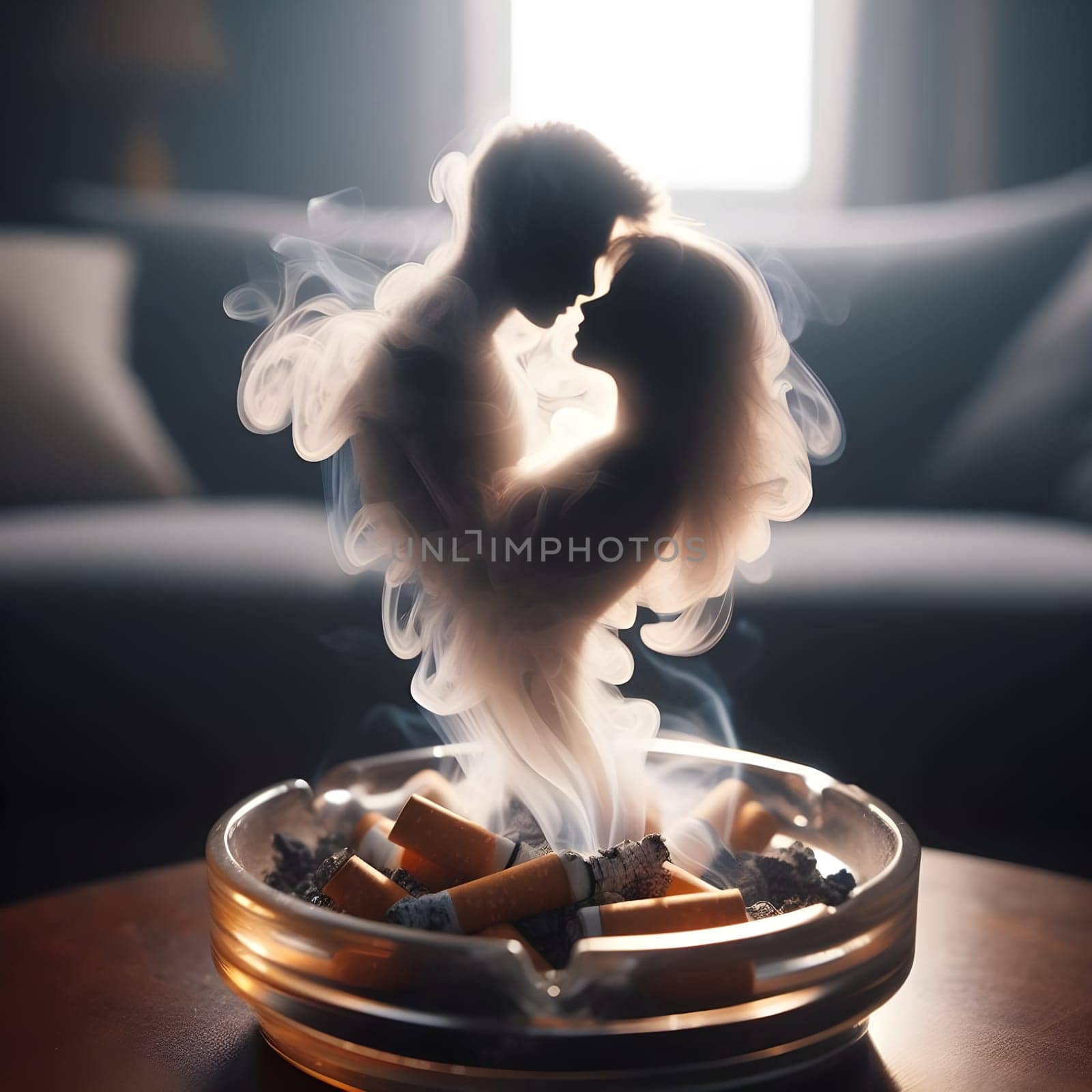 artificial intelligence generated close up image of a glowing cigarette ashtray, the thick smoke forming the delicate silhouette of a shadowy embracing couple.