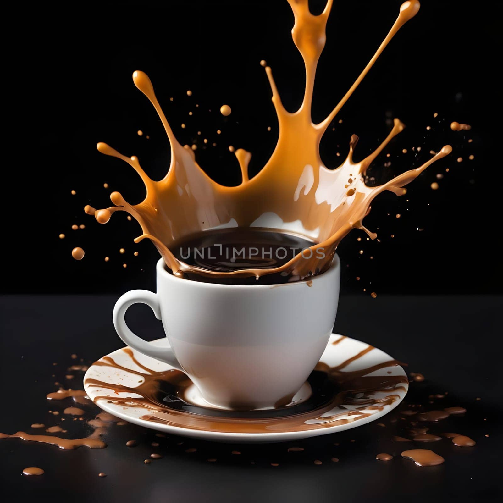 artificial intelligence generated image of the splash and splatter from a single cup with coffee.