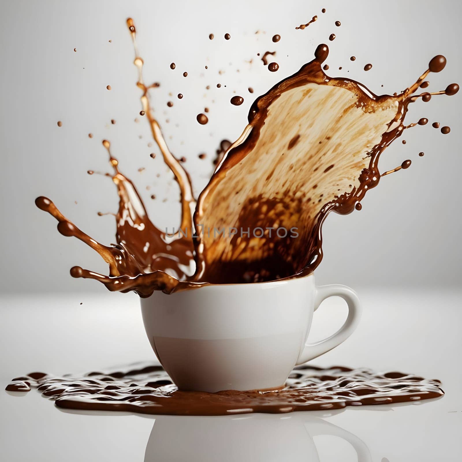 artificial intelligence generated image of the splash and splatter from a single cup with coffee.