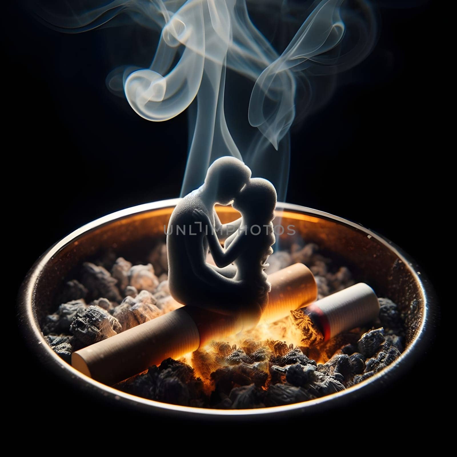 artificial intelligence generated close up image of a glowing cigarette ashtray, the thick smoke forming the delicate silhouette of a shadowy embracing couple.