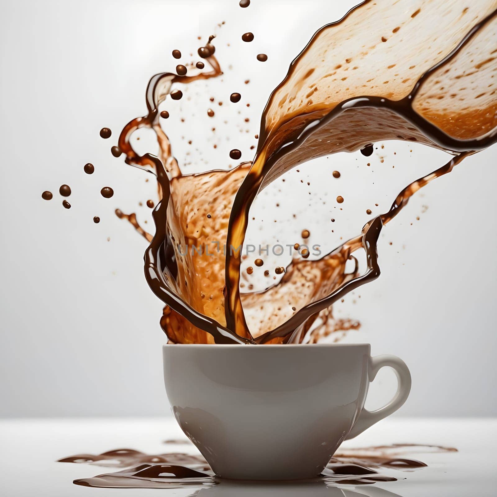 artificial intelligence generated image of the splash and splatter from a single cup with coffee.