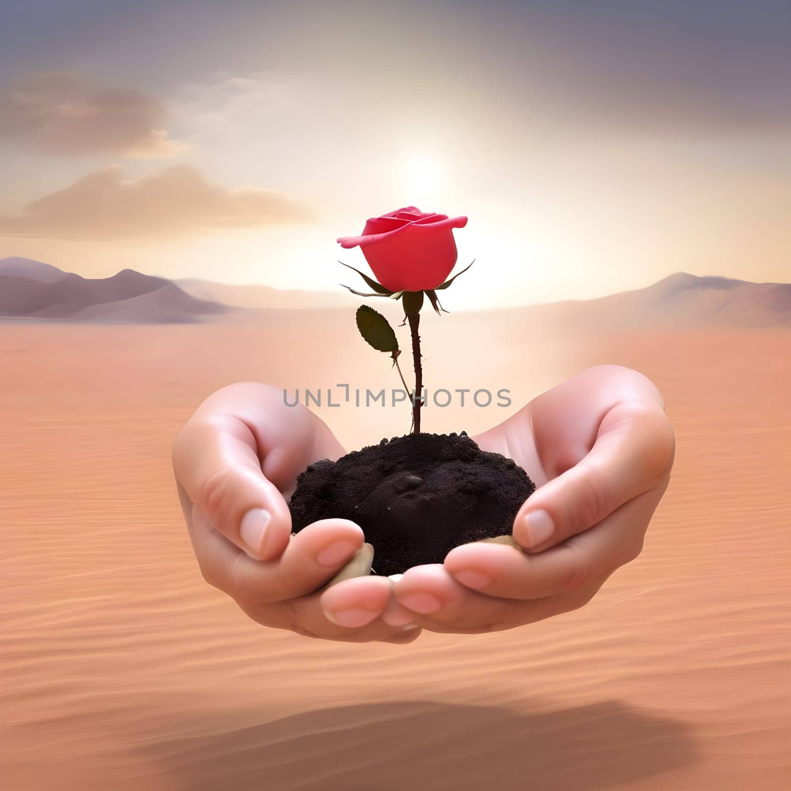 artificial intelligence generated image of desert landscape with a seedling plant sprouting from the ground as metaphor for global warming.