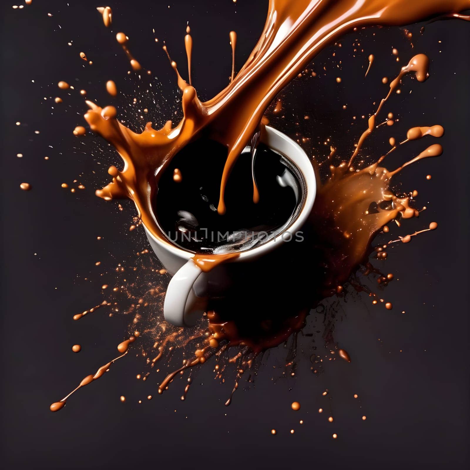 artificial intelligence generated image of the splash and splatter from a single cup with coffee.