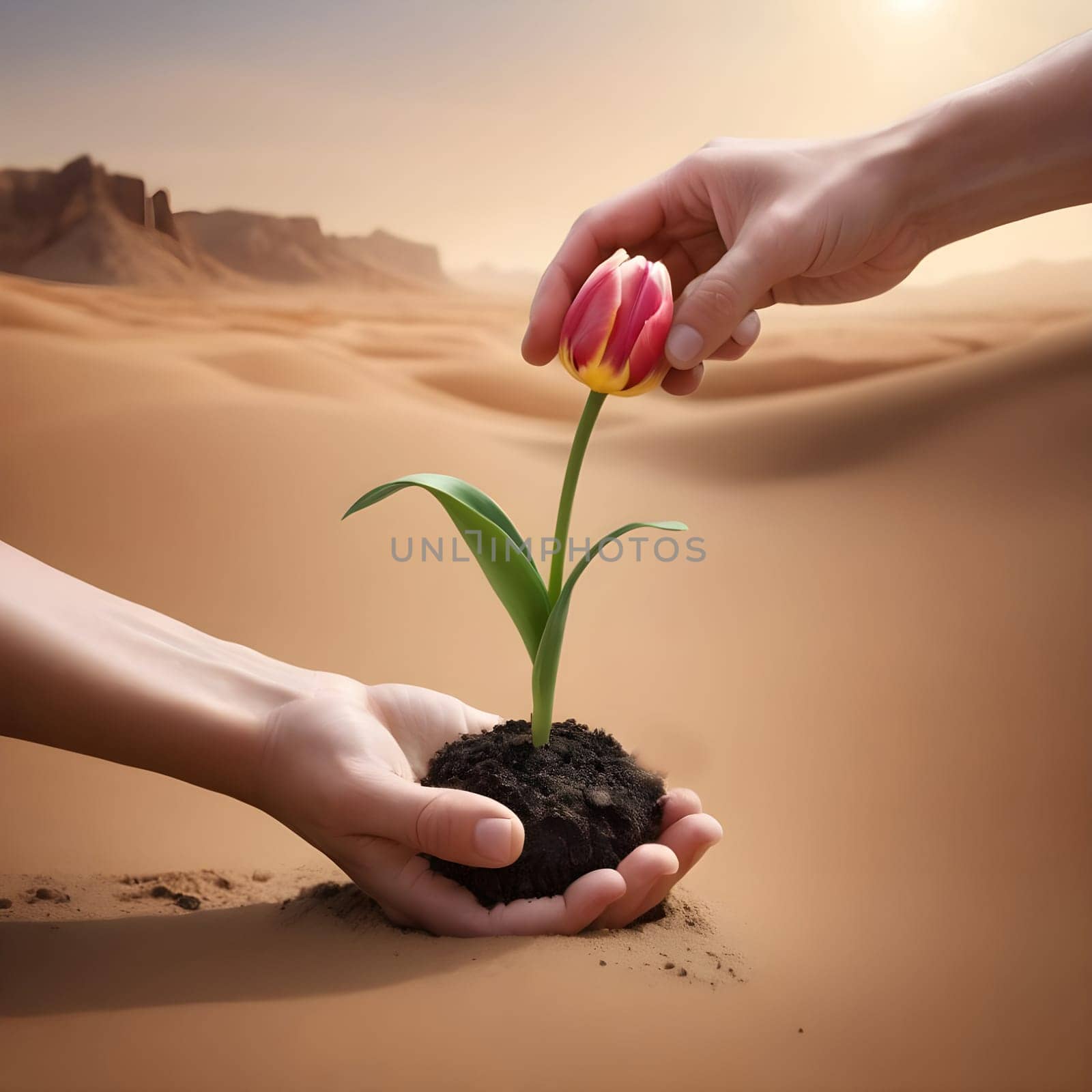 artificial intelligence generated image of desert landscape with a seedling plant sprouting from the ground as metaphor for global warming.