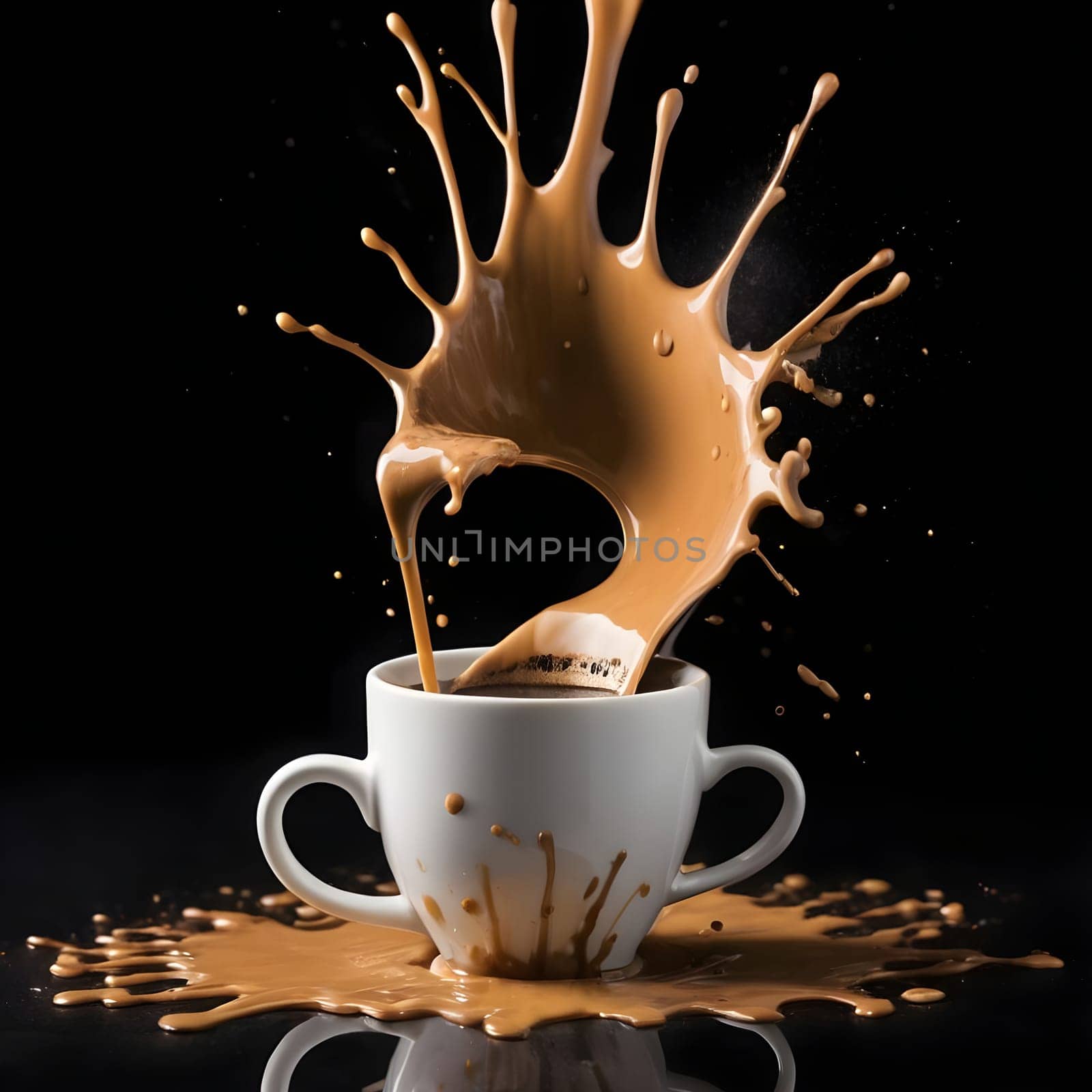 artificial intelligence generated image of the splash and splatter from a single cup with coffee.