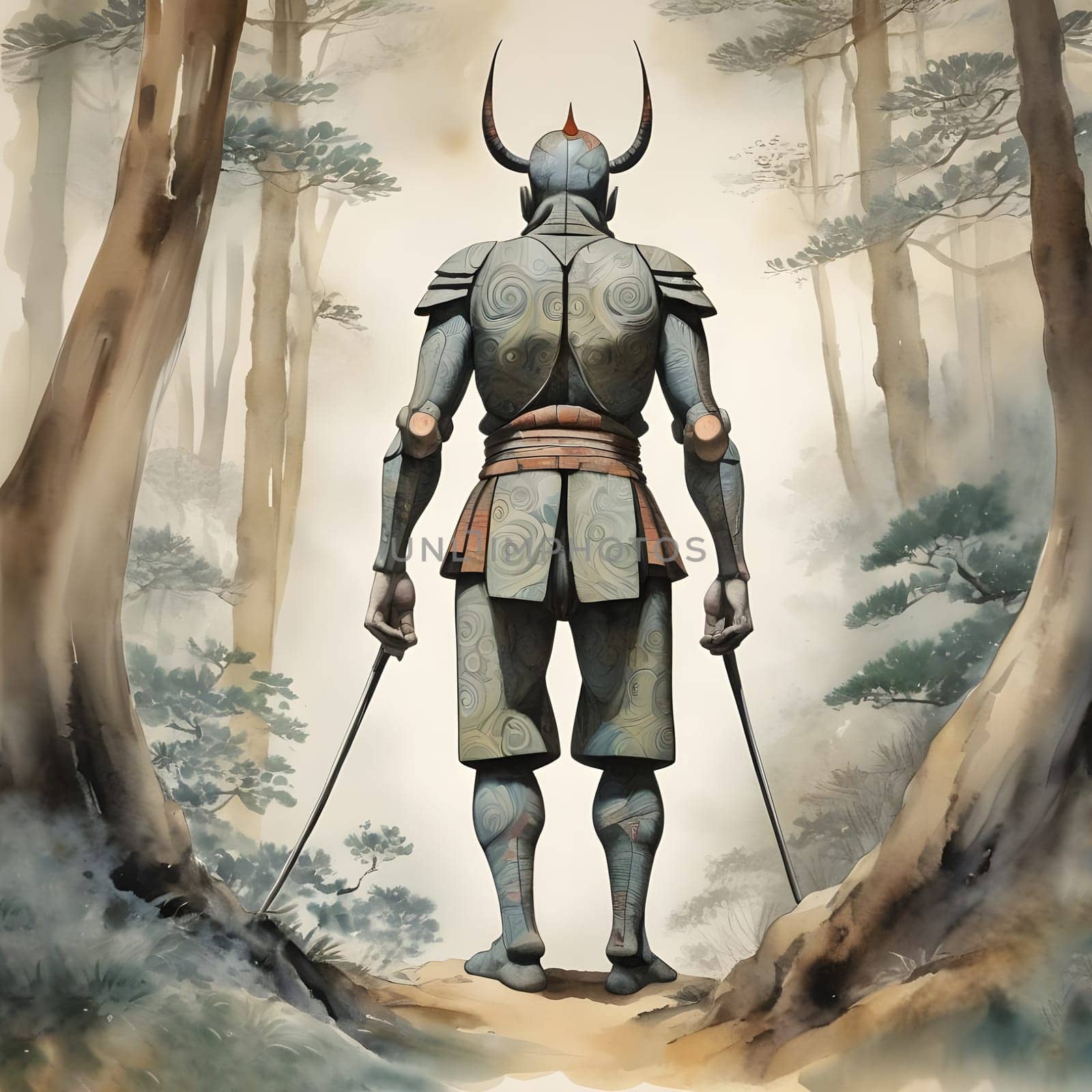 artificial intelligence generated image of the vintage Japanese watercolor,wondering Ronin looking for vengeance.