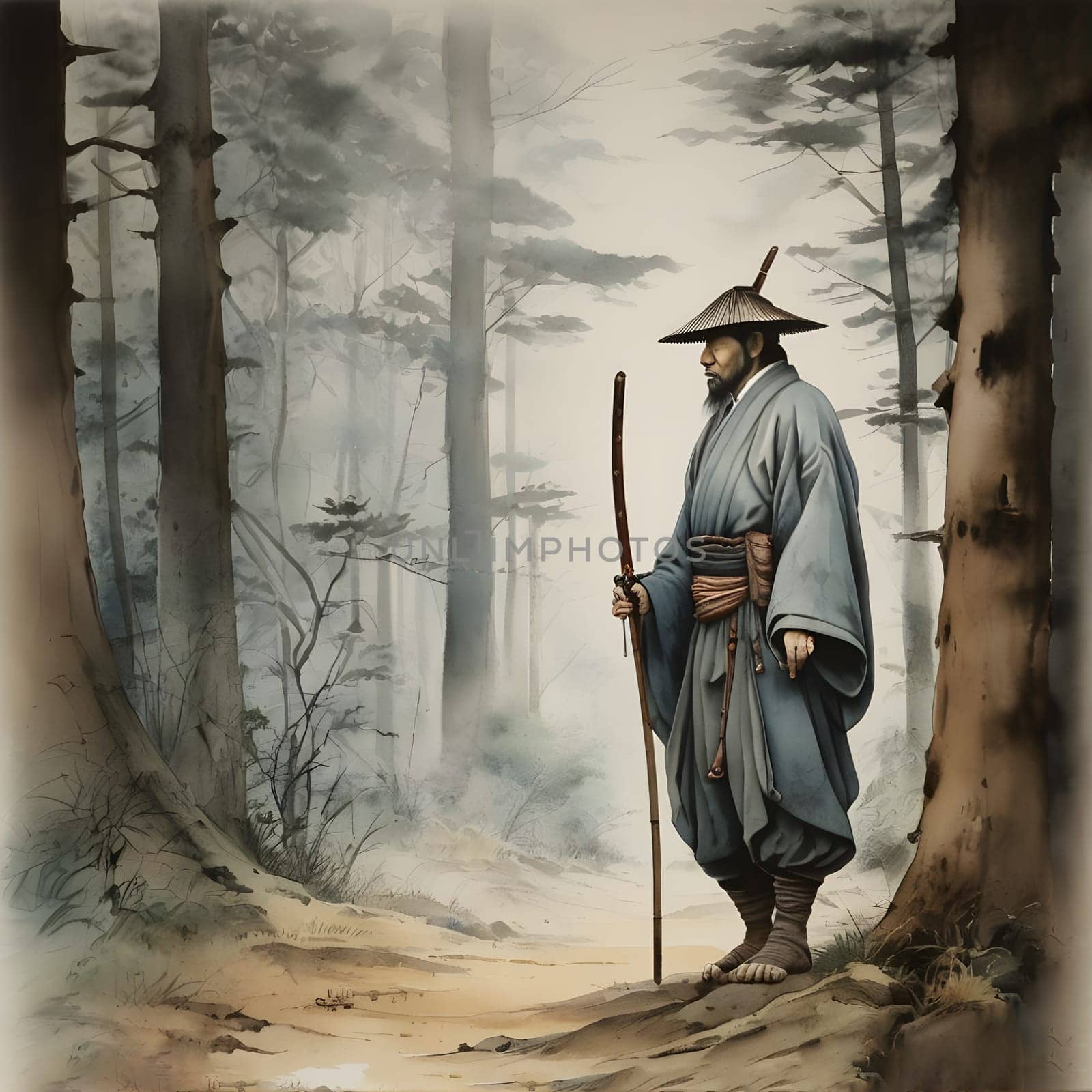 artificial intelligence generated image of the vintage Japanese watercolor,wondering Ronin looking for vengeance.