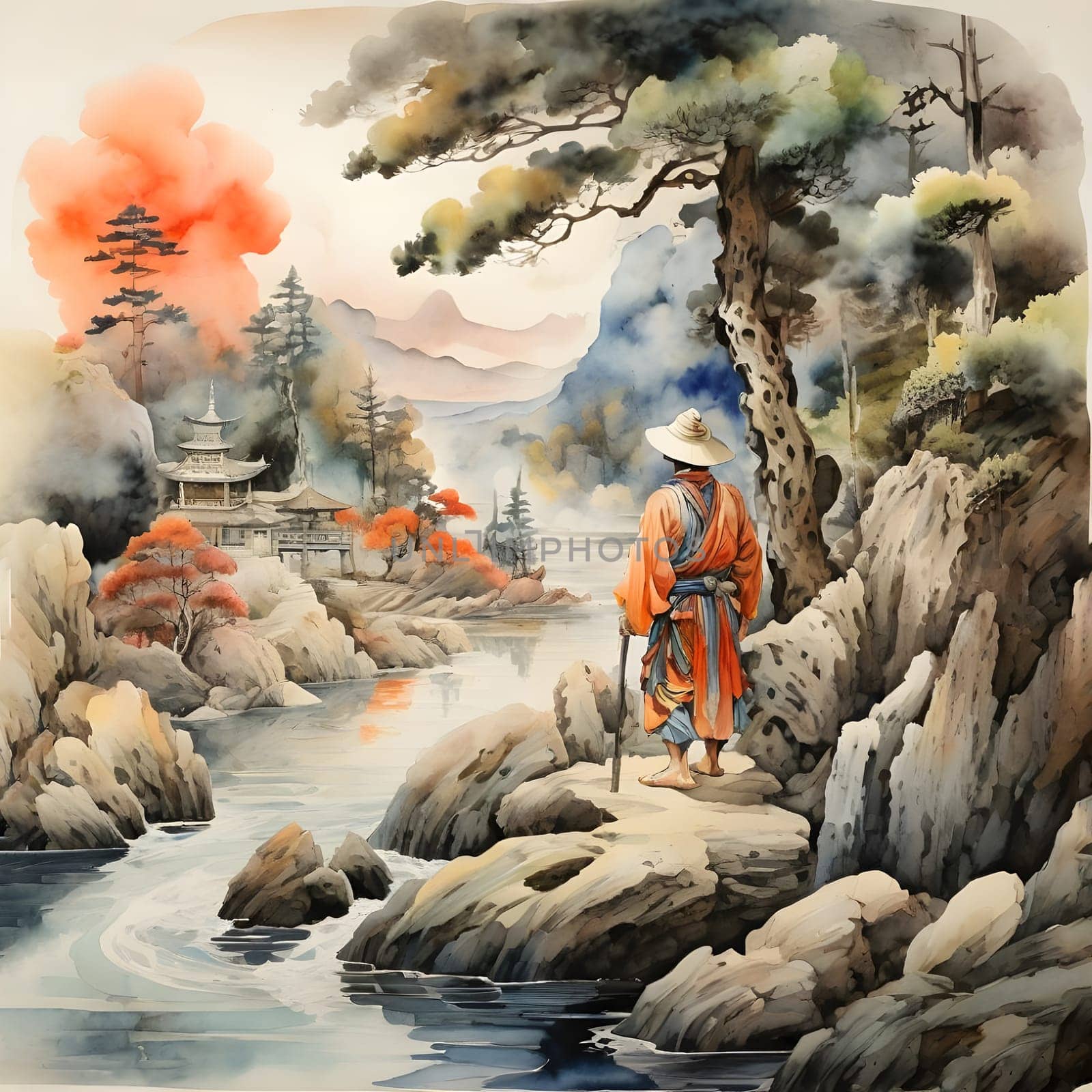 artificial intelligence generated image of the vintage Japanese watercolor,wondering Ronin looking for vengeance.