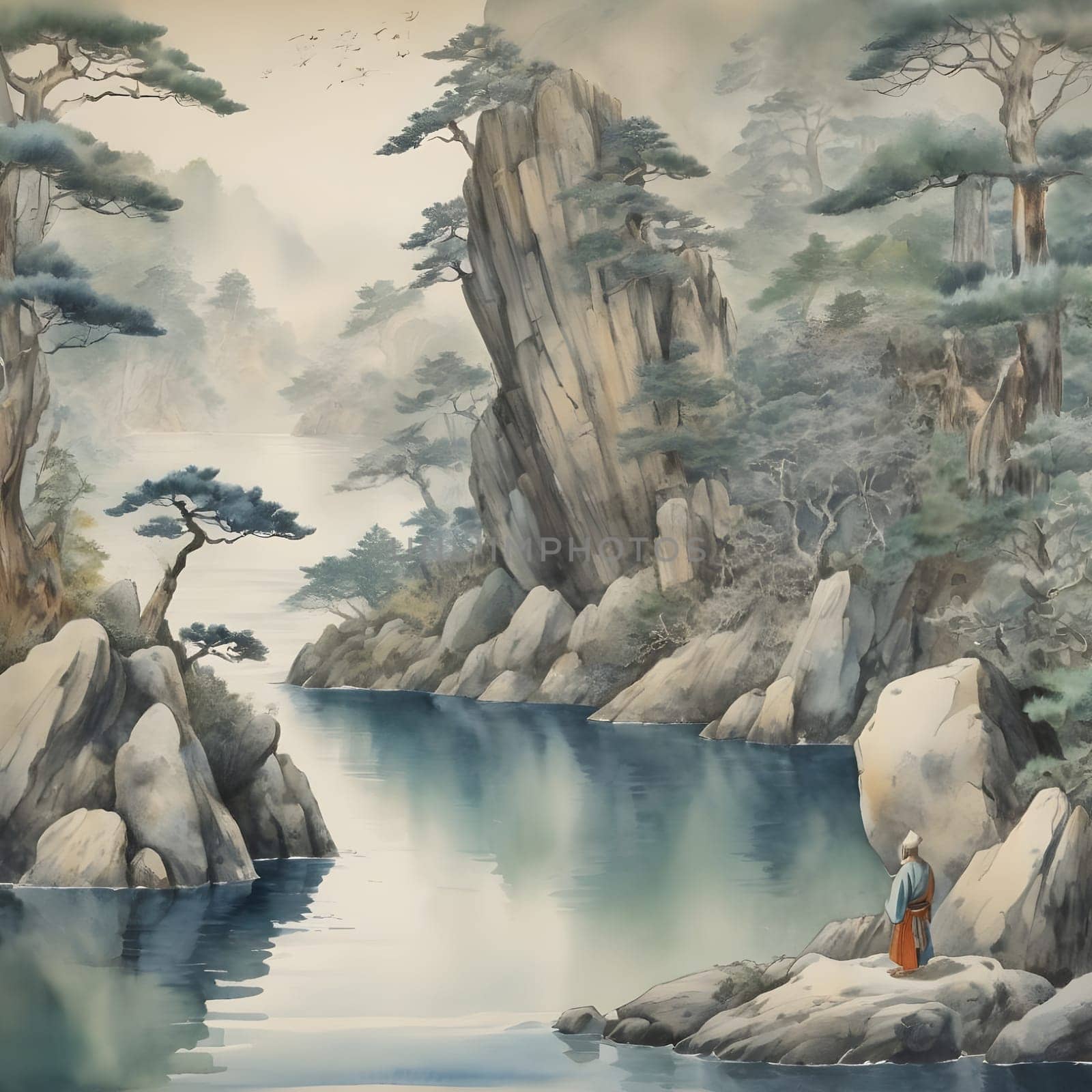 artificial intelligence generated image of the vintage Japanese watercolor,wondering Ronin looking for vengeance.