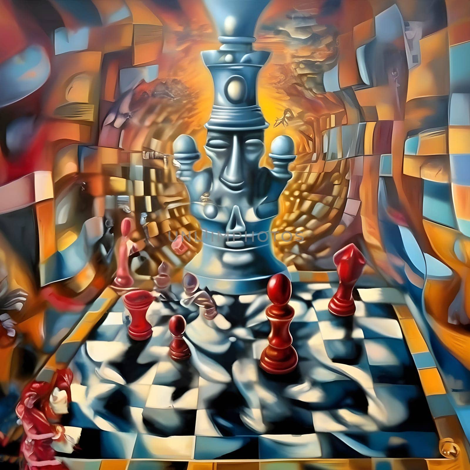 artificial intelligence generated image of a figurative art chess maze surrealism psychedelic in comical style.